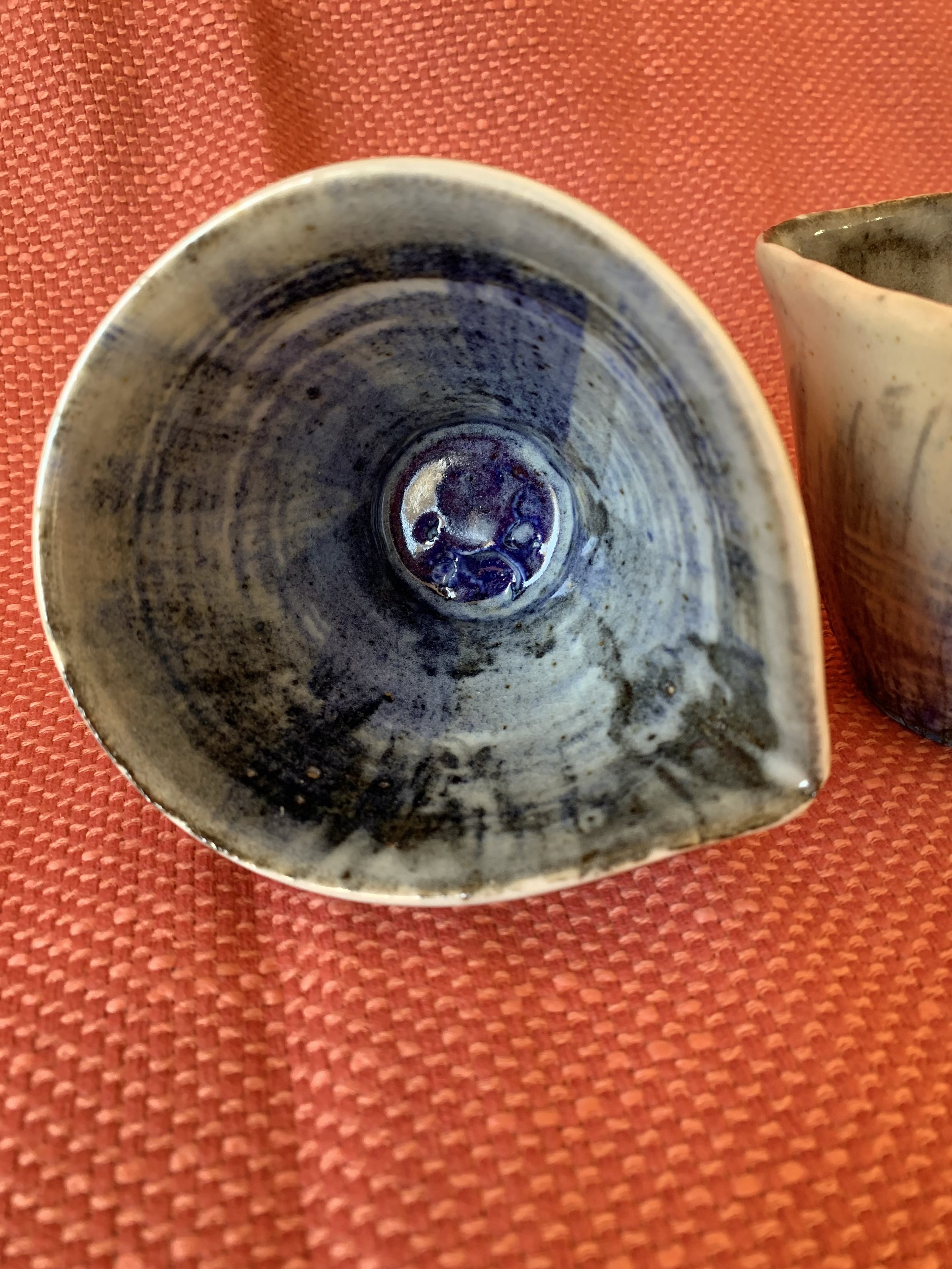Pourer and squared cup, stoneware with slips, oxides, and glaze