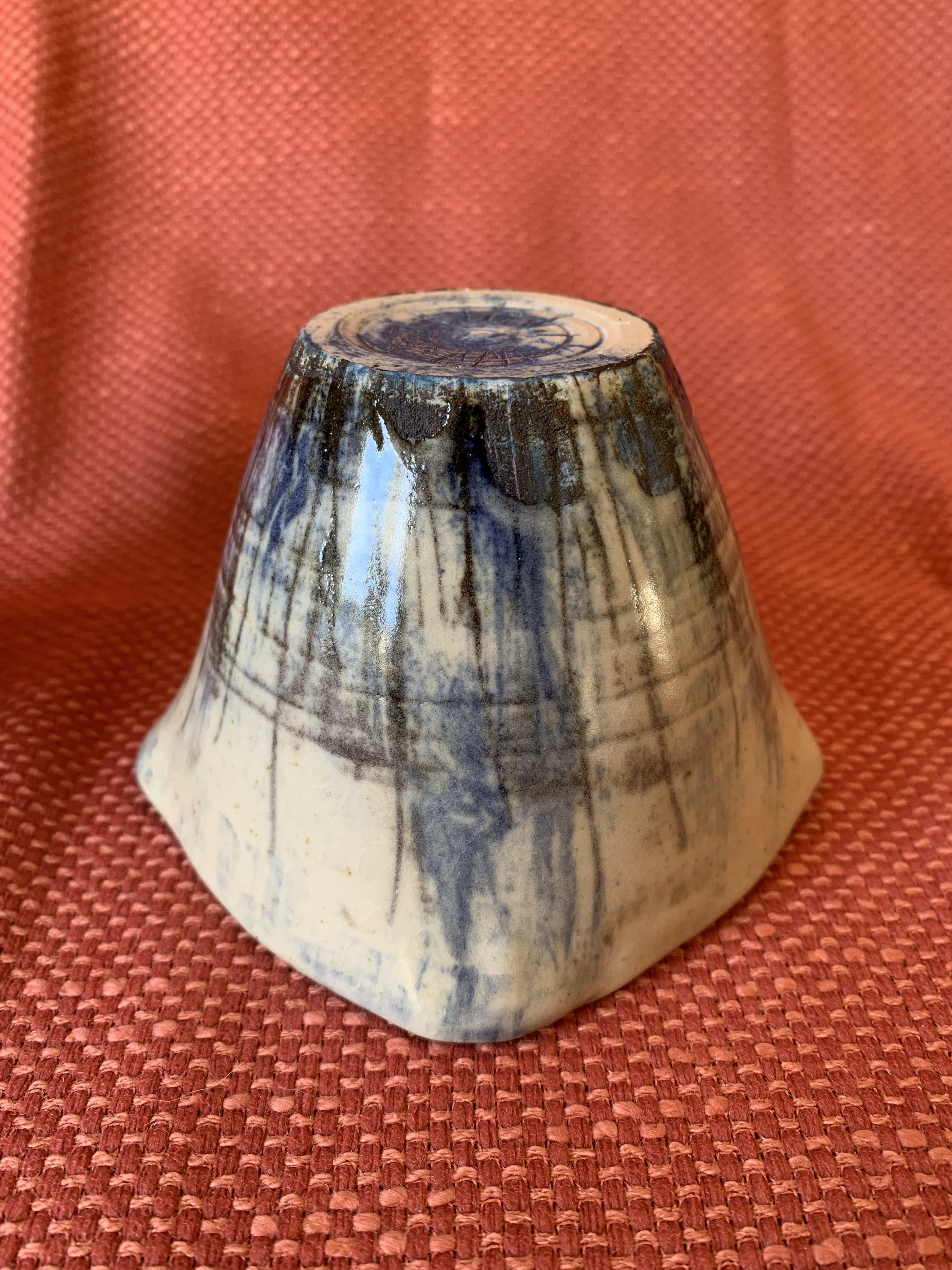 Pourer and squared cup, stoneware with slips, oxides, and glaze