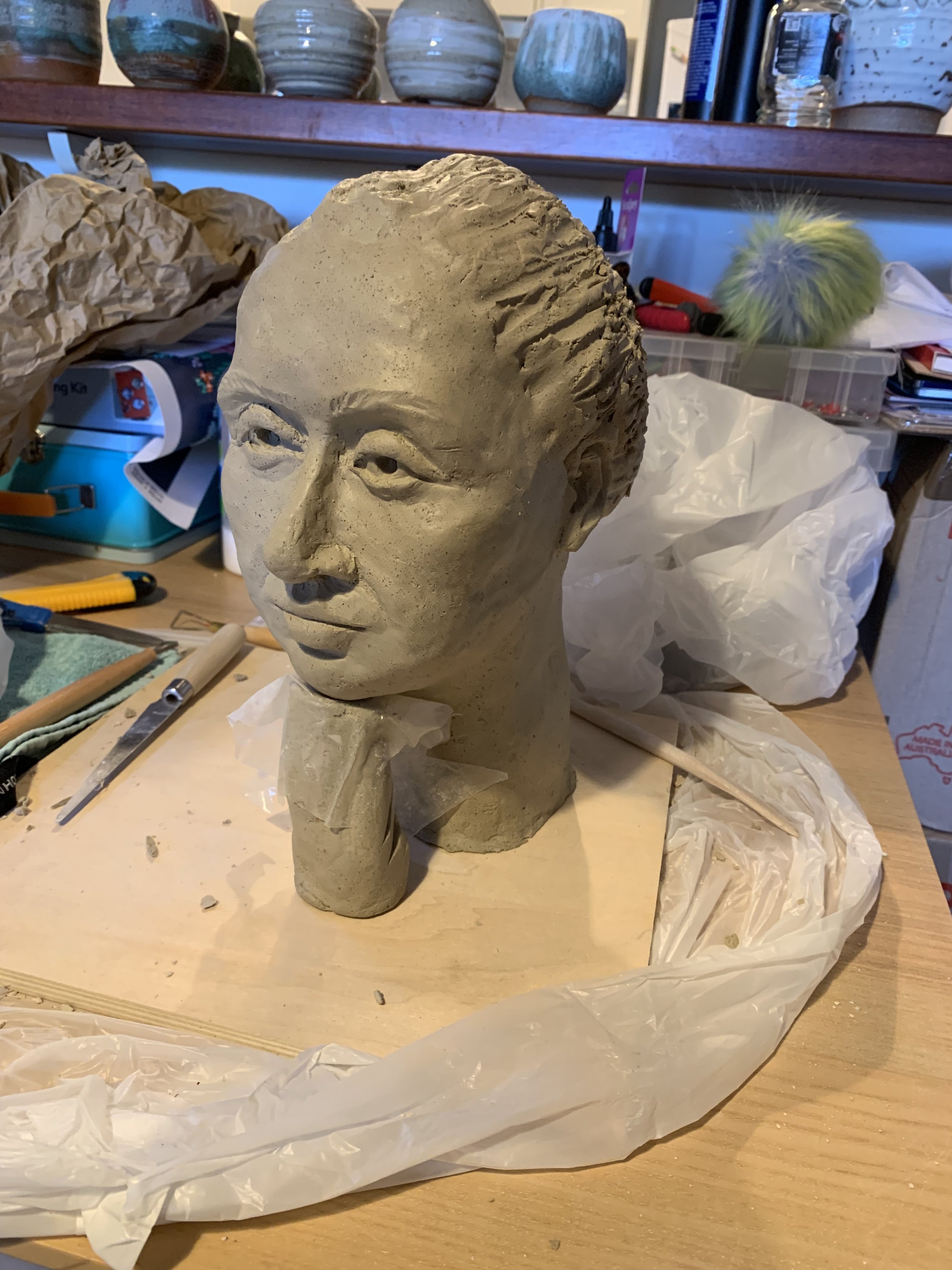 Bust in progress, 2024, Raku clay