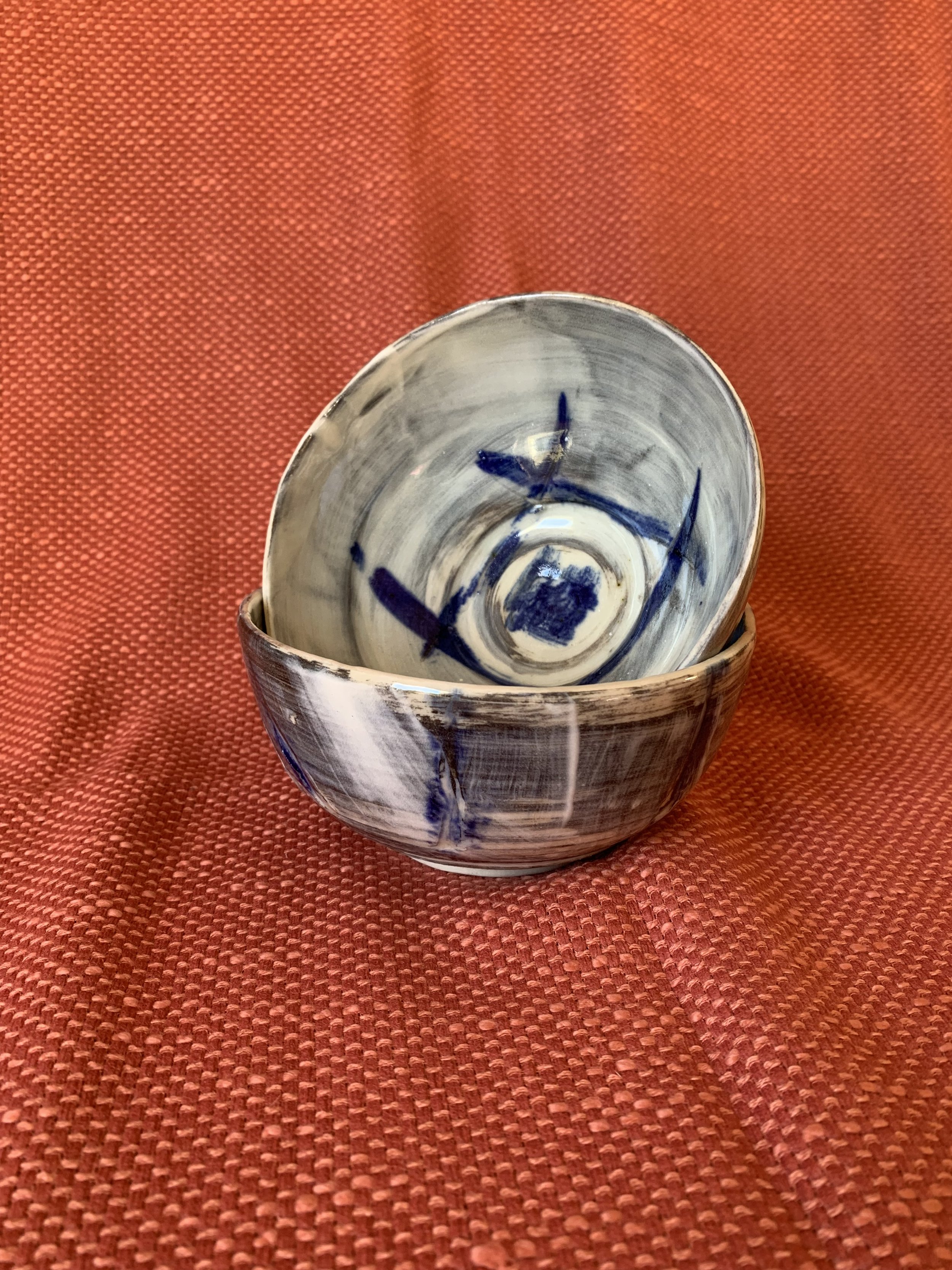 Two small bowls, stoneware with slips, oxides, and glaze