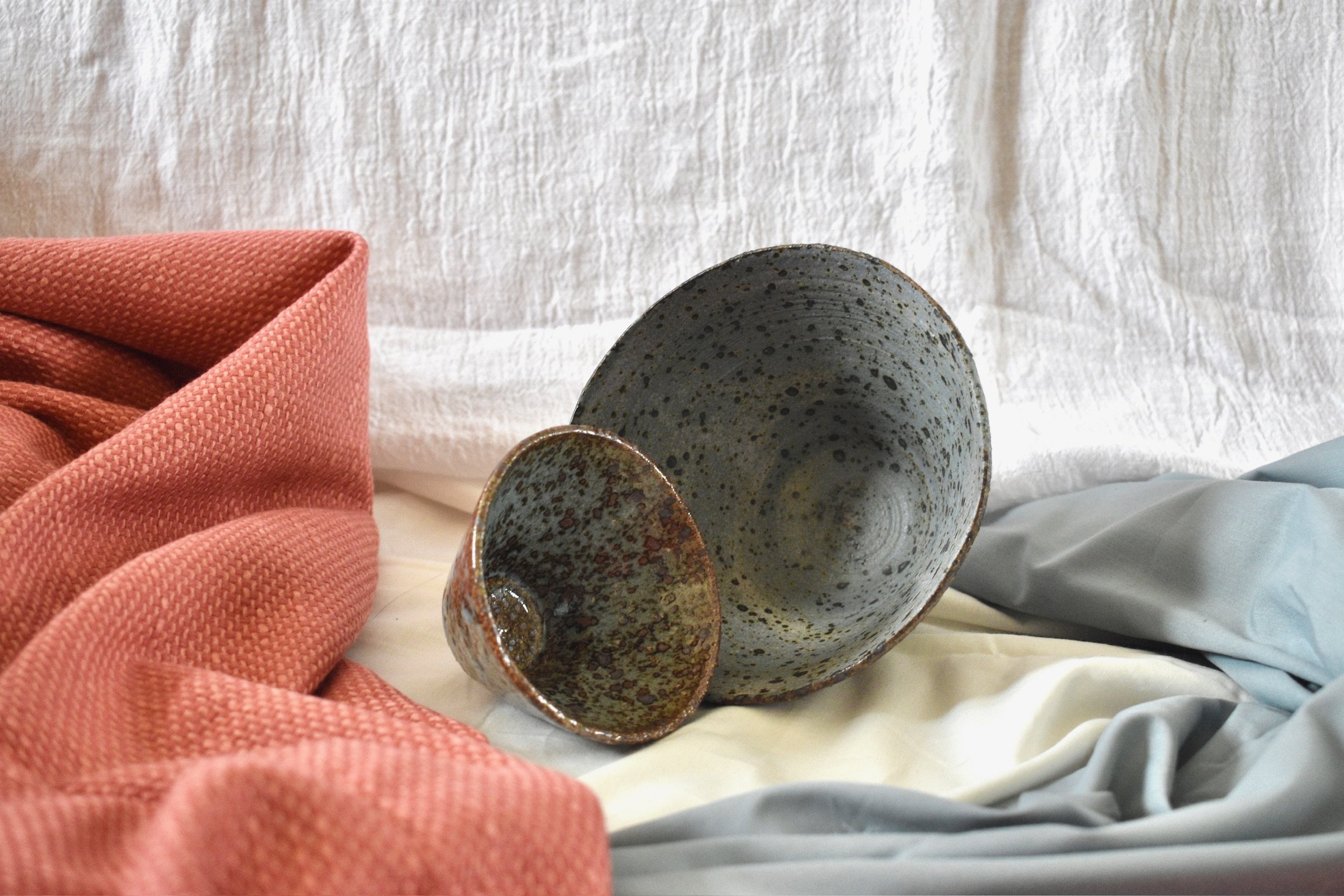 Small bowl and medium footed bowl, reduction fired stoneware