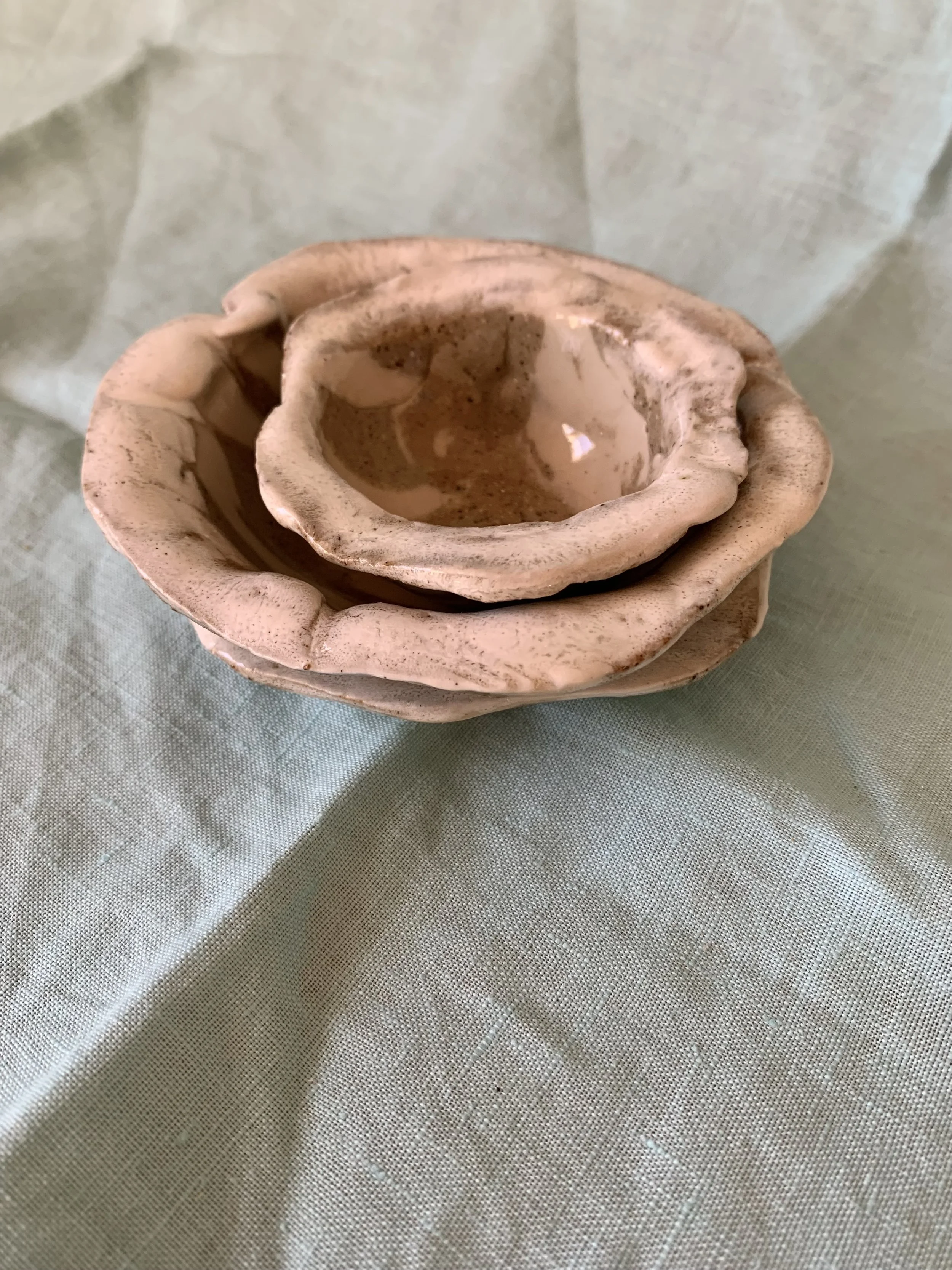 Small Nerikomi trinket dishes, clear glazed stoneware with slip edging