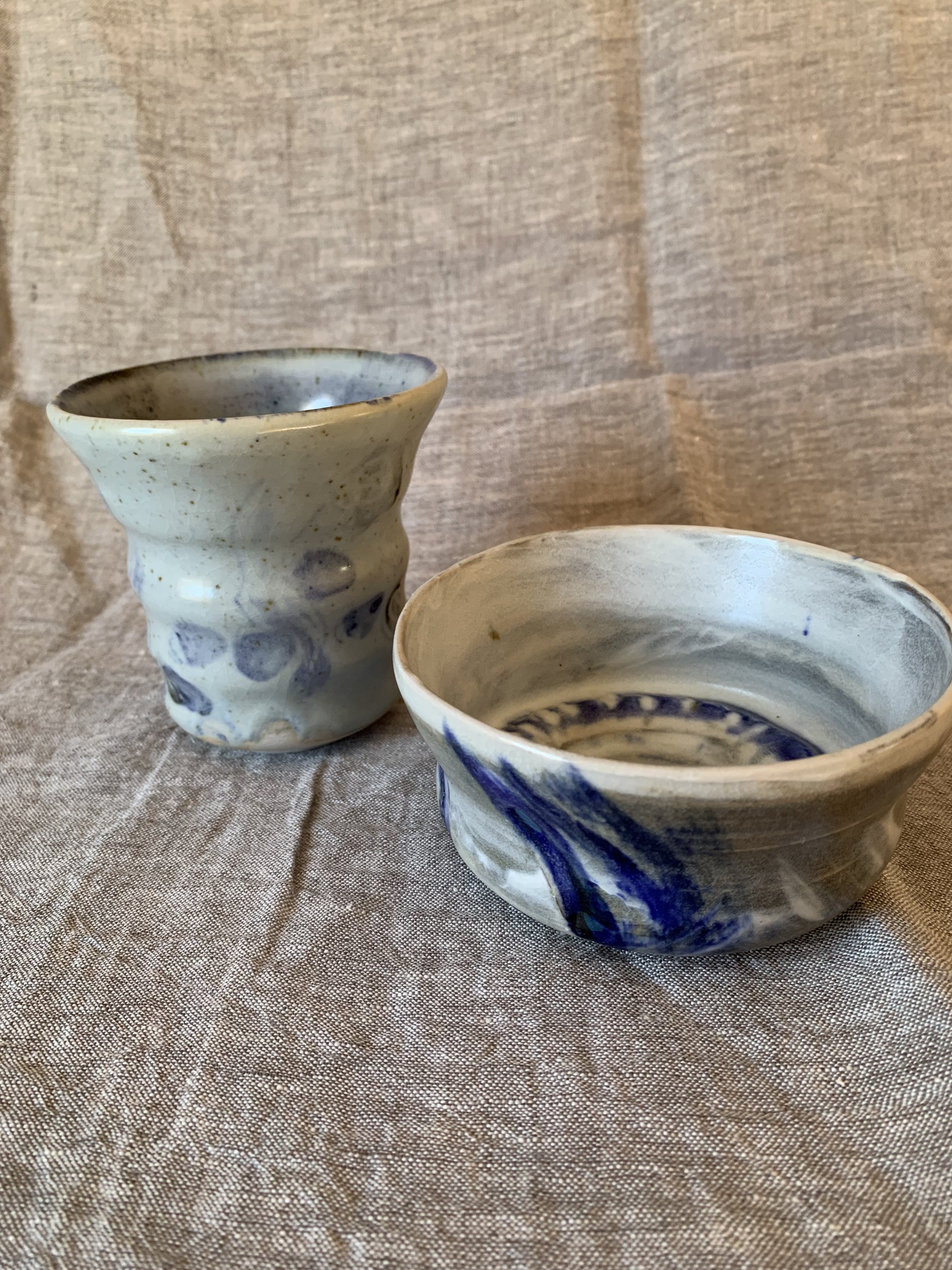 Small bowl and vase, stoneware with slips, oxides, and glaze
