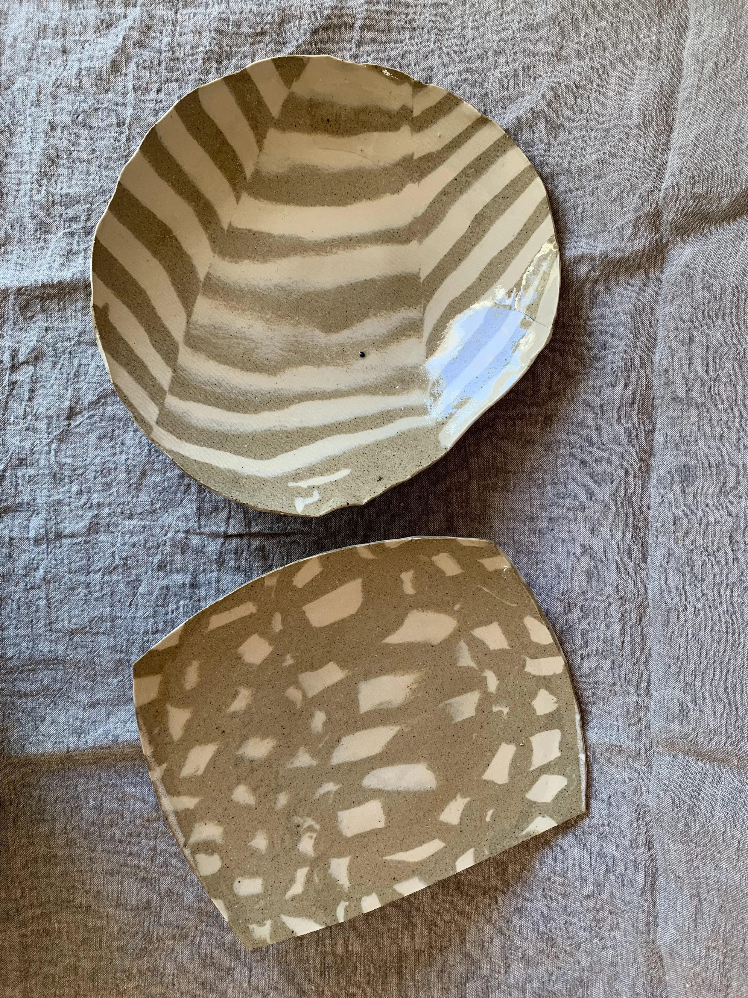 Large striped Nerikomi serving dish and sculptural squared Nerikomi serving dish, clear glazed stoneware