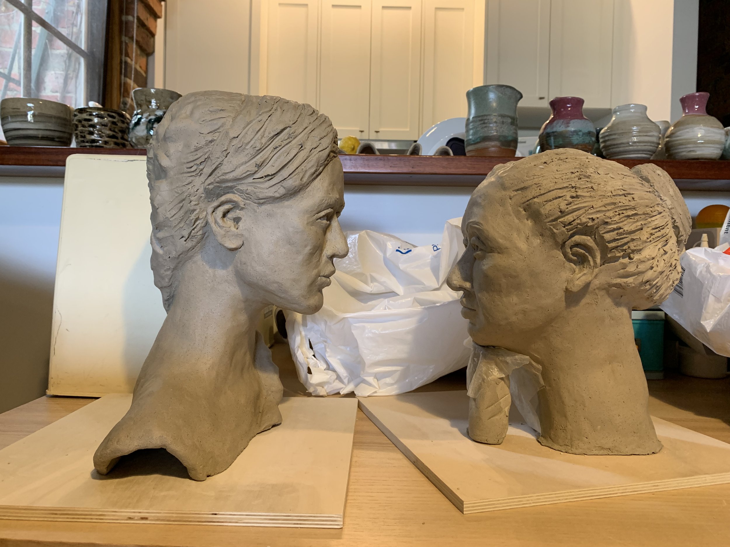 Busts in progress, 2024, Raku clay