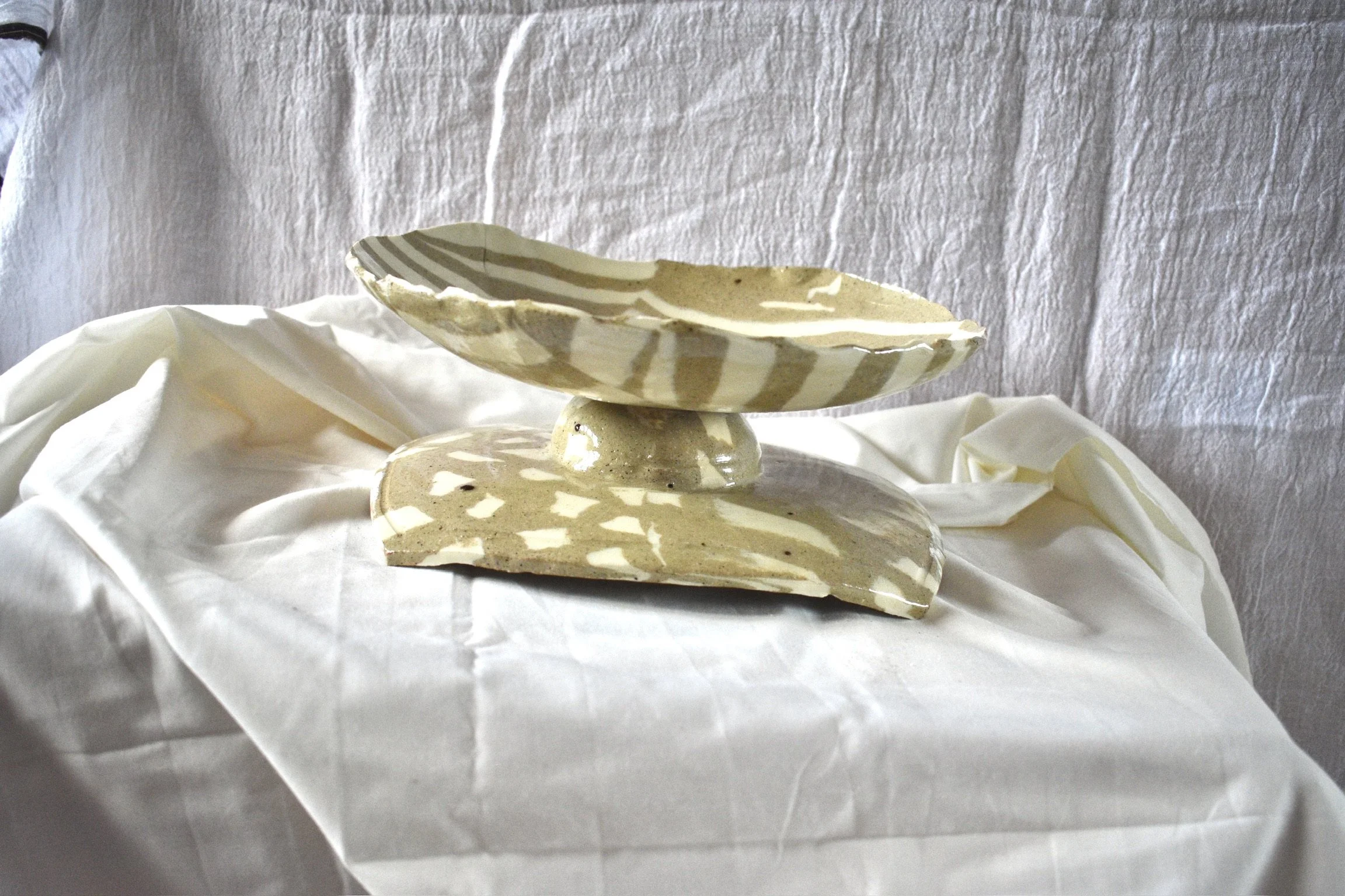 Large striped Nerikomi serving dish and sculptural squared Nerikomi serving dish, clear glazed stoneware