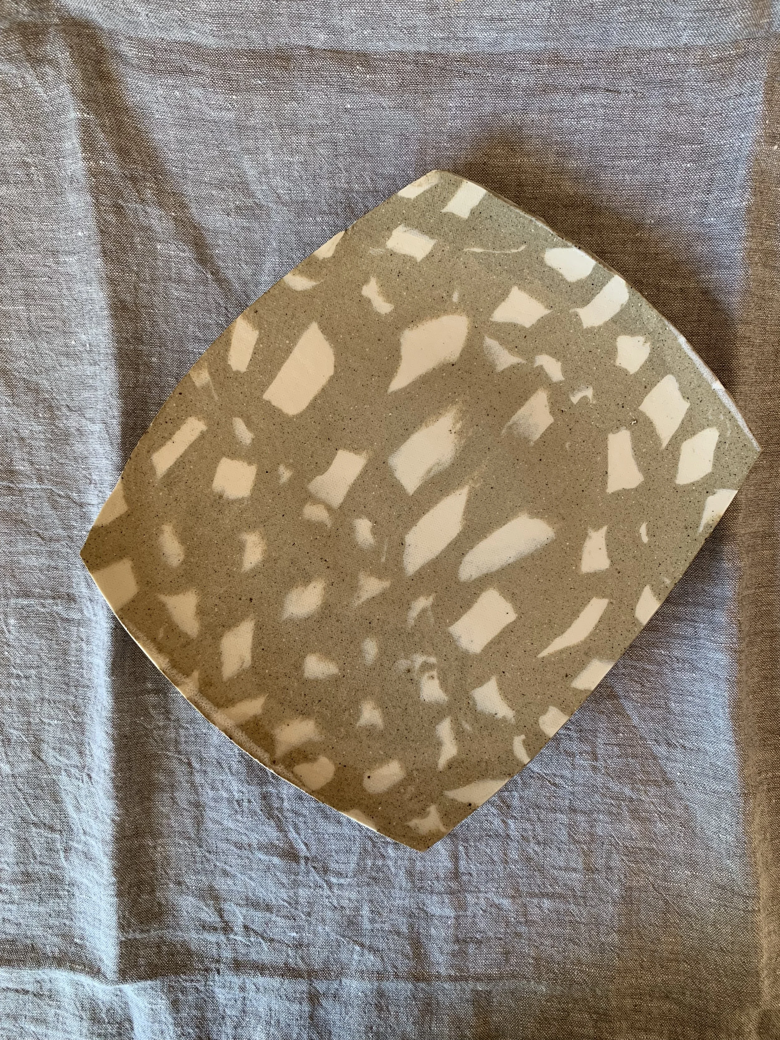 Sculptural squared Nerikomi serving dish, clear glazed stoneware
