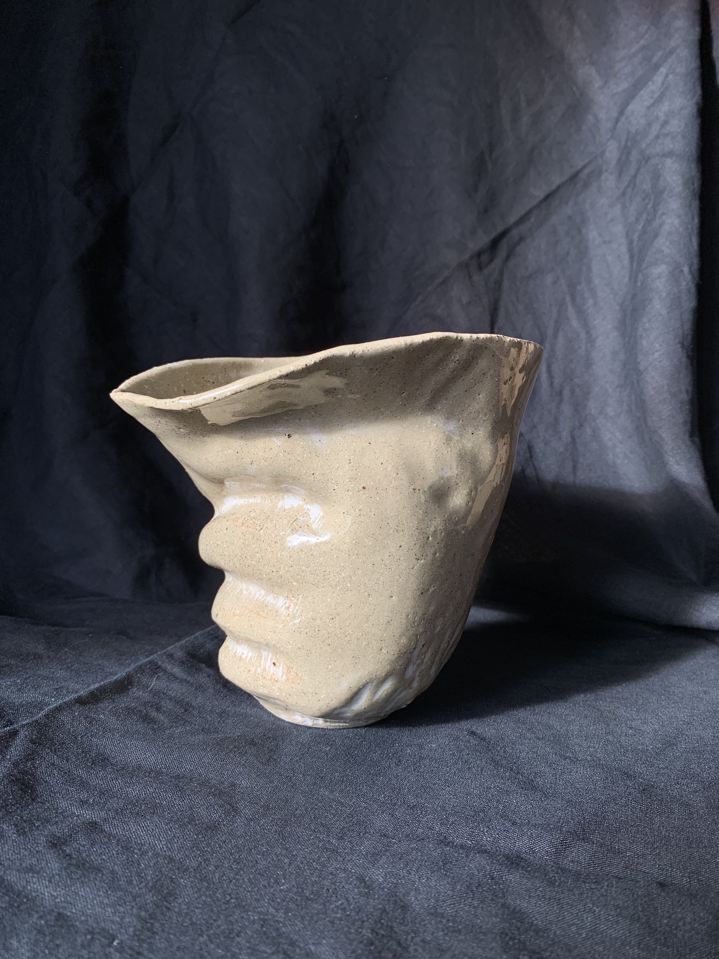 Sand and glass, 2025. Thrown and altered stoneware with layered slips, oxides, and glaze