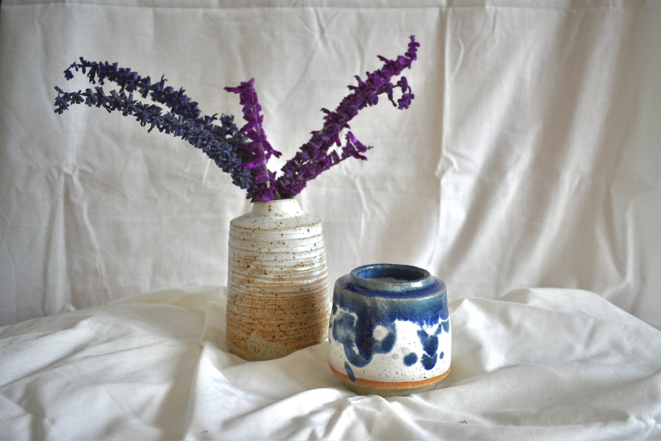 Two stoneware vases, small vase with slips, oxides, and glaze