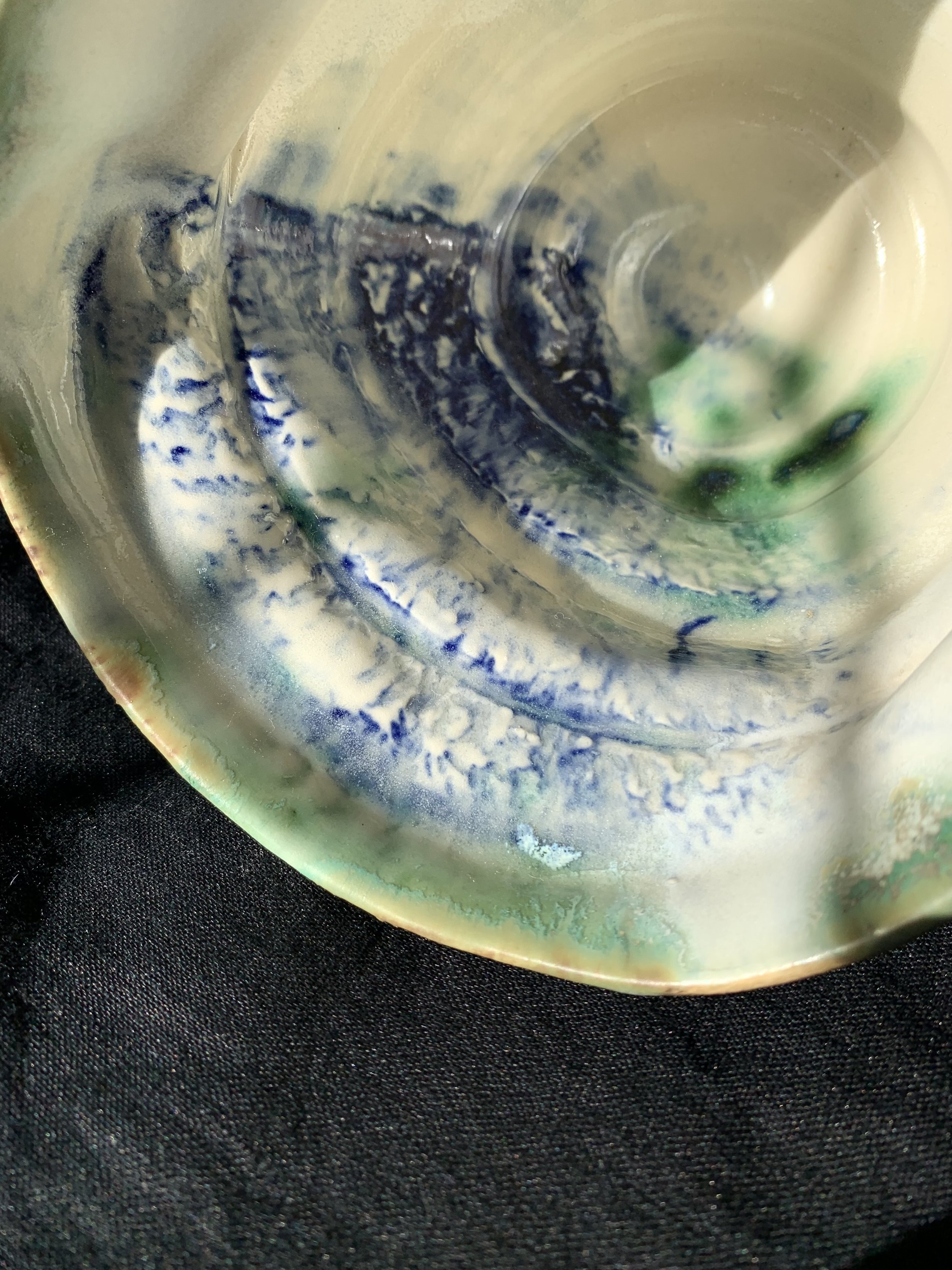 Detail of Flux, 2025. Thrown and altered stoneware, with slips, engobes, oxides and glaze.
