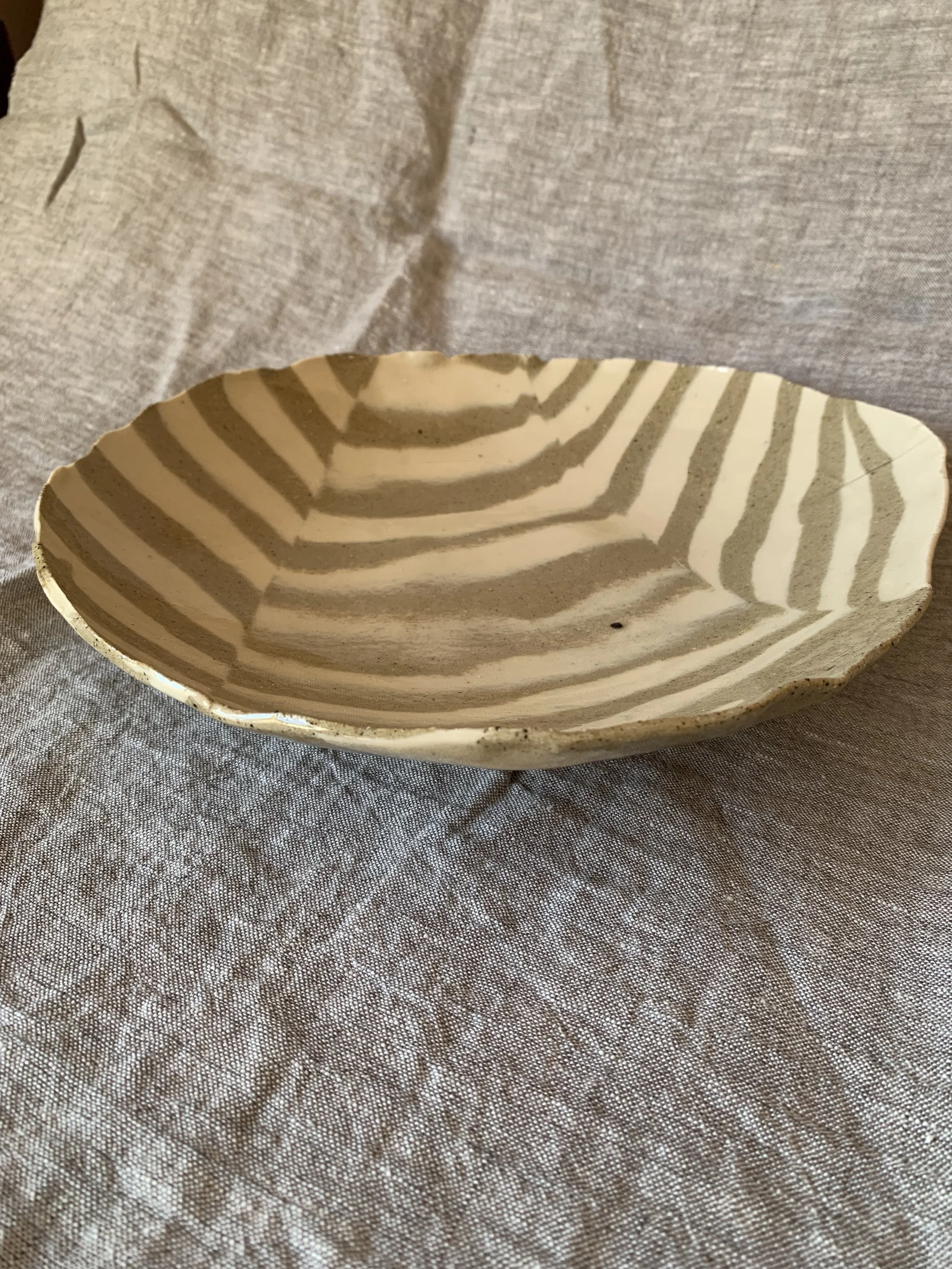 Striped Nerikomi serving dish, clear glazed stoneware