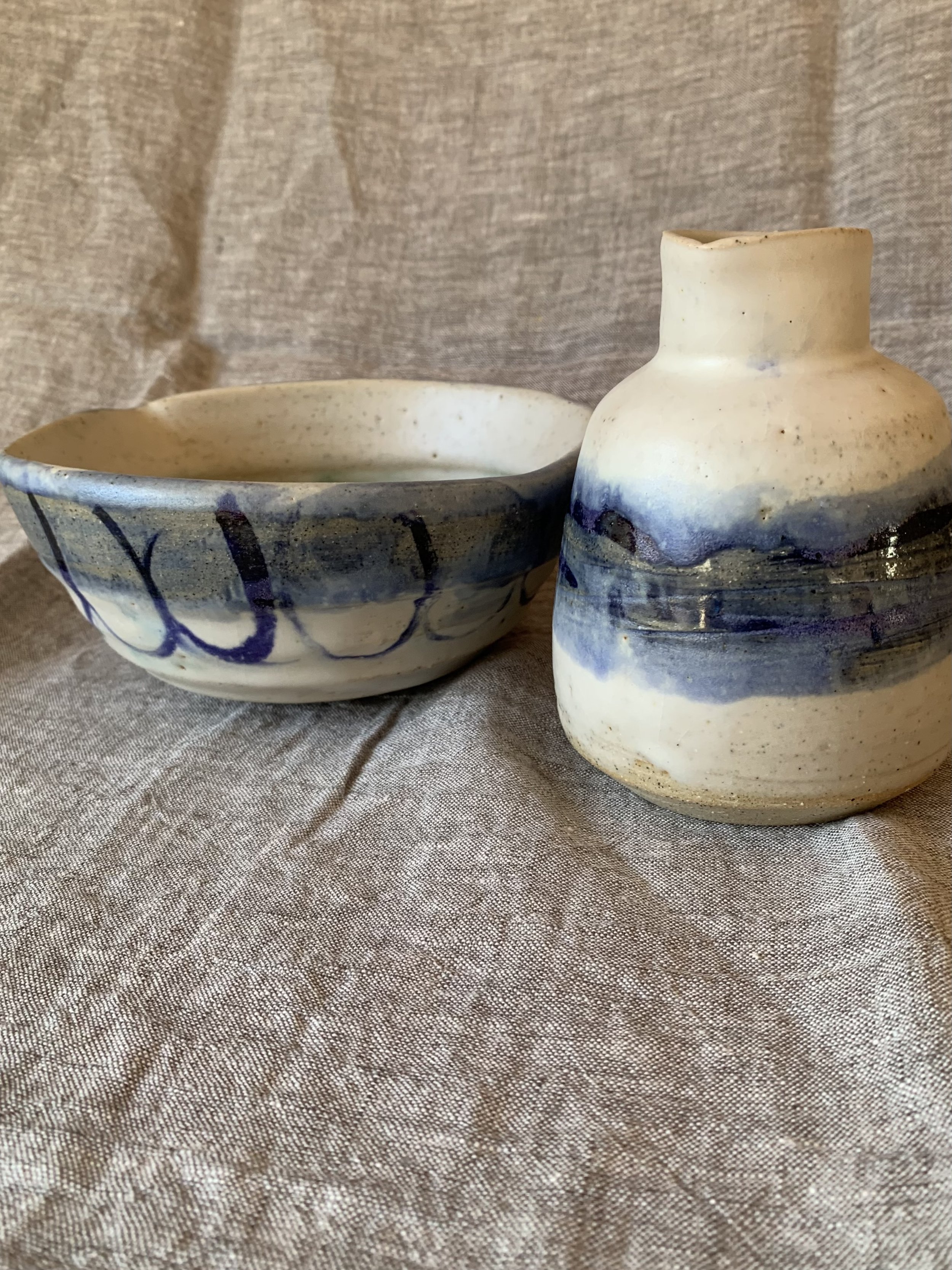 Bowl and bottle, stoneware with slips, oxides, and glaze.