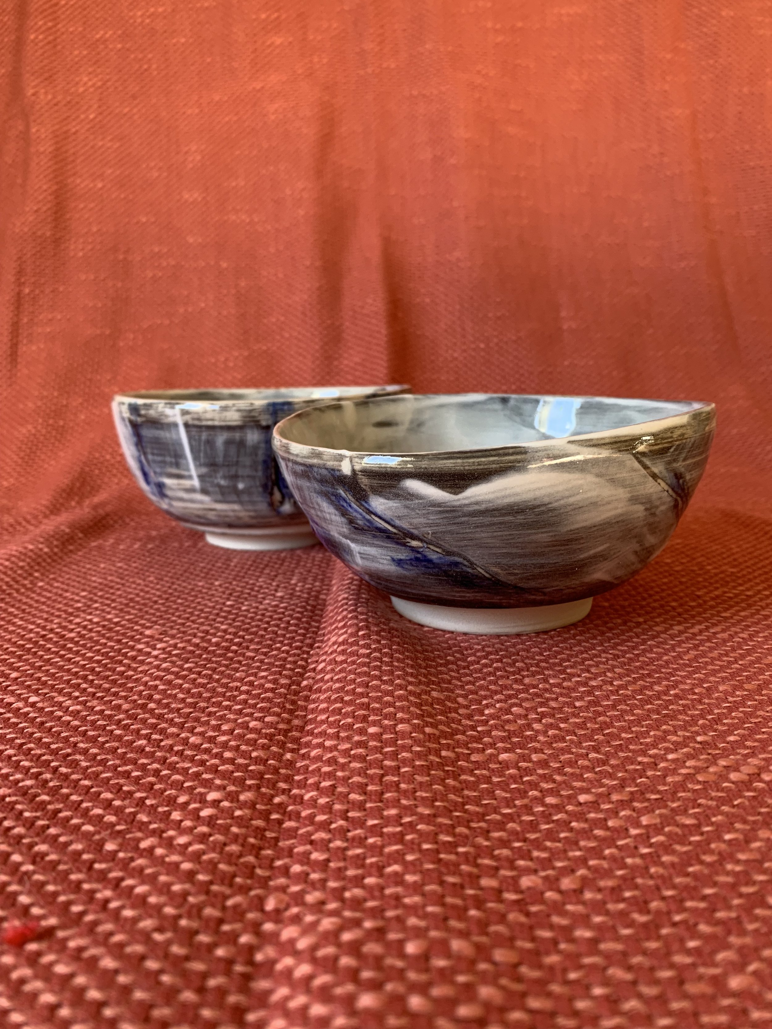 Two small bowls, stoneware with slips, oxides, and glaze
