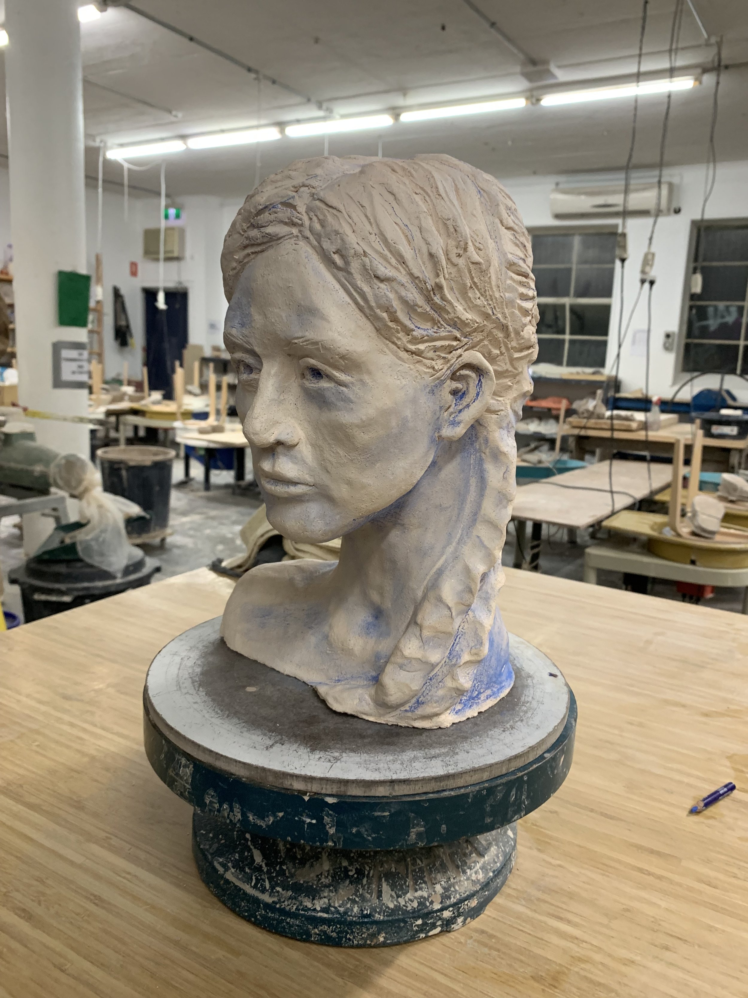 Bust in progress, underglazing, 2025, Raku clay