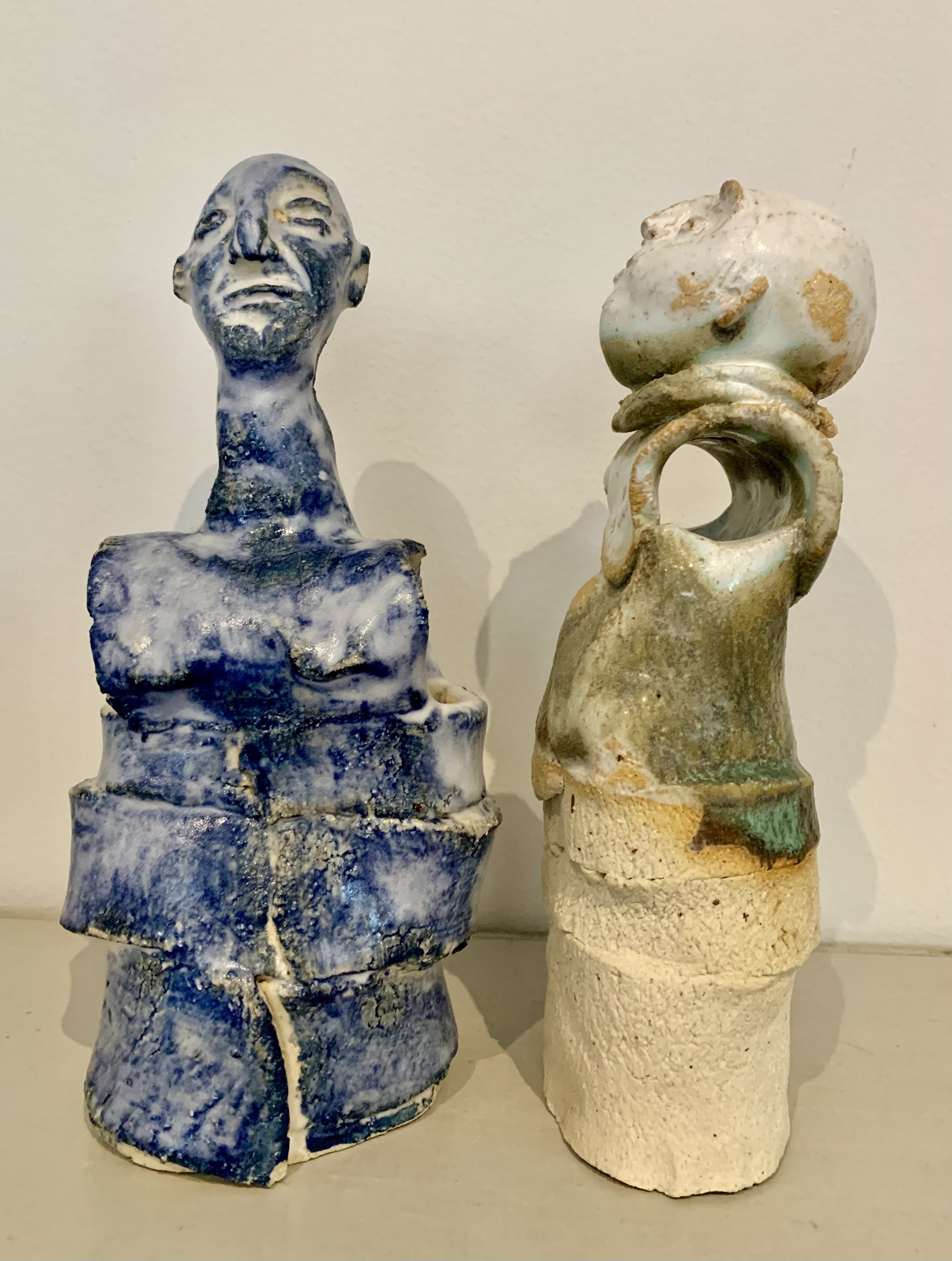 Blue figure and Bronze figure, 2025, Raku clay, coloured slip, glaze