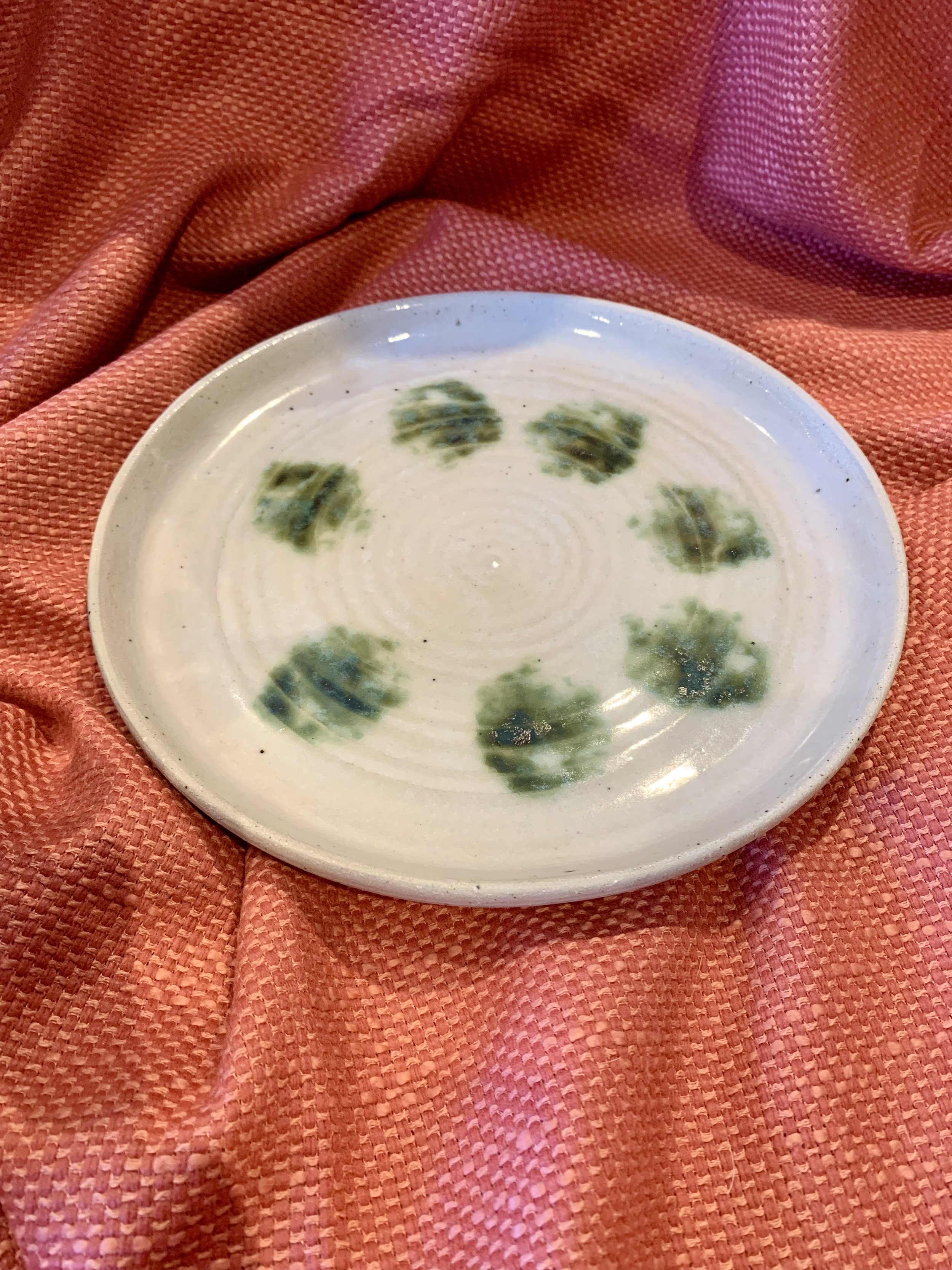 Serving plate with copper oxide decoration on shino and ash glazed stoneware