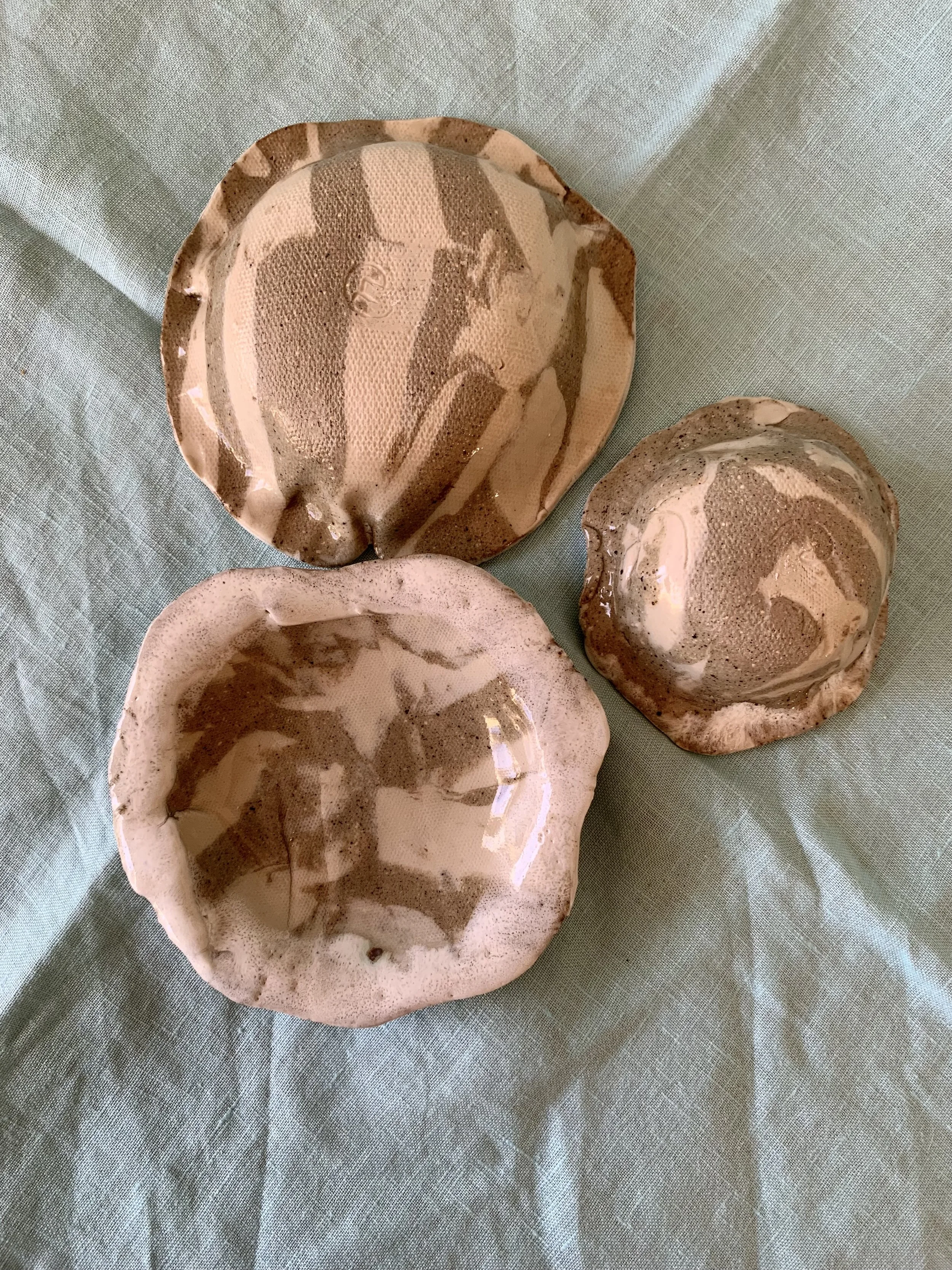 Small Nerikomi trinket dishes, clear glazed stoneware with slip edging