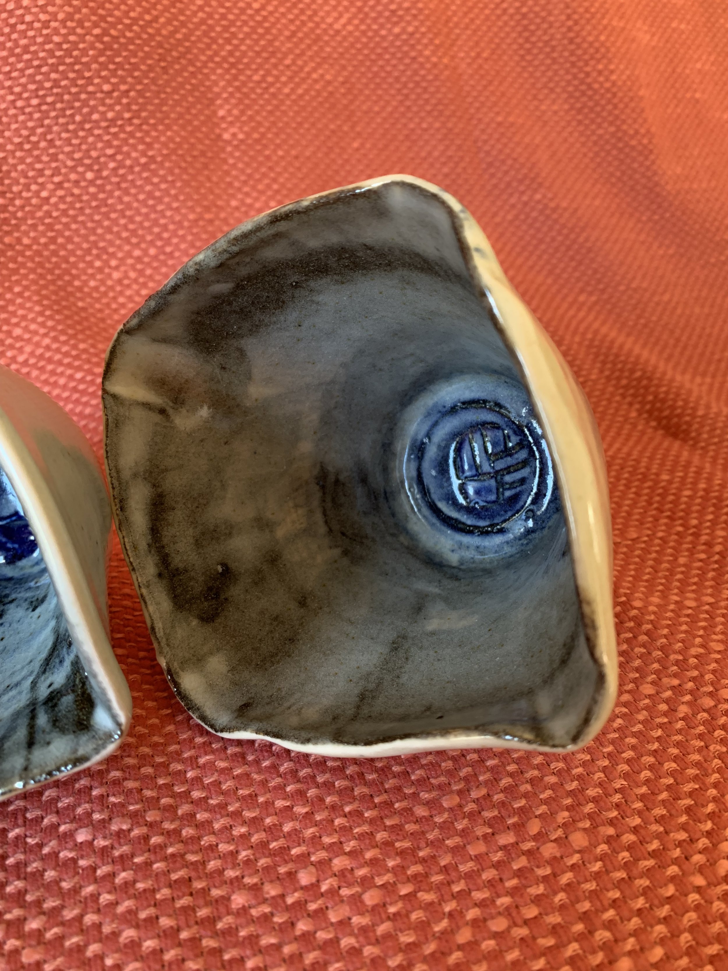 Pourer and squared cup, stoneware with slips, oxides, and glaze