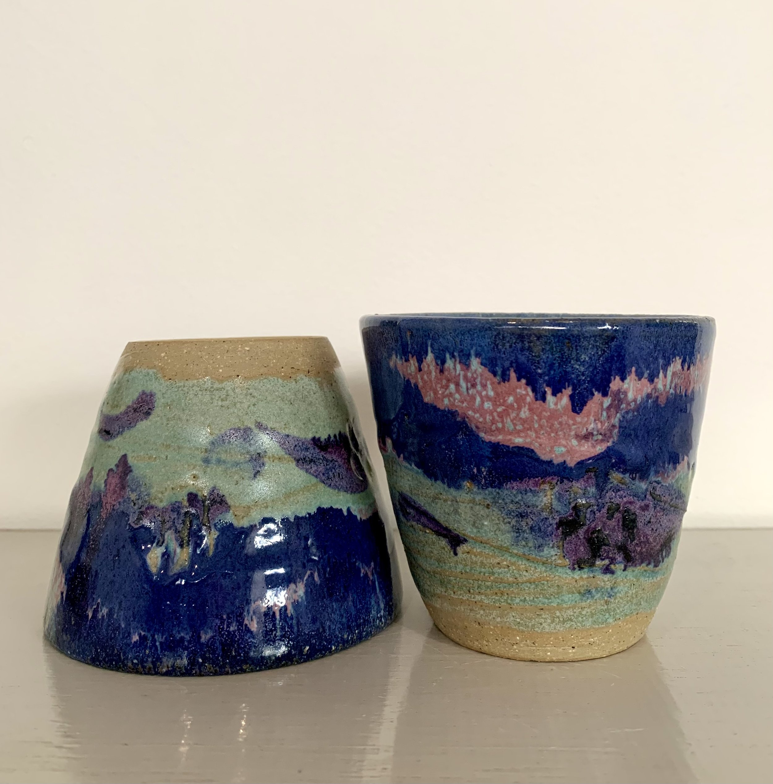 Pink and blue tumblers, glazed stoneware