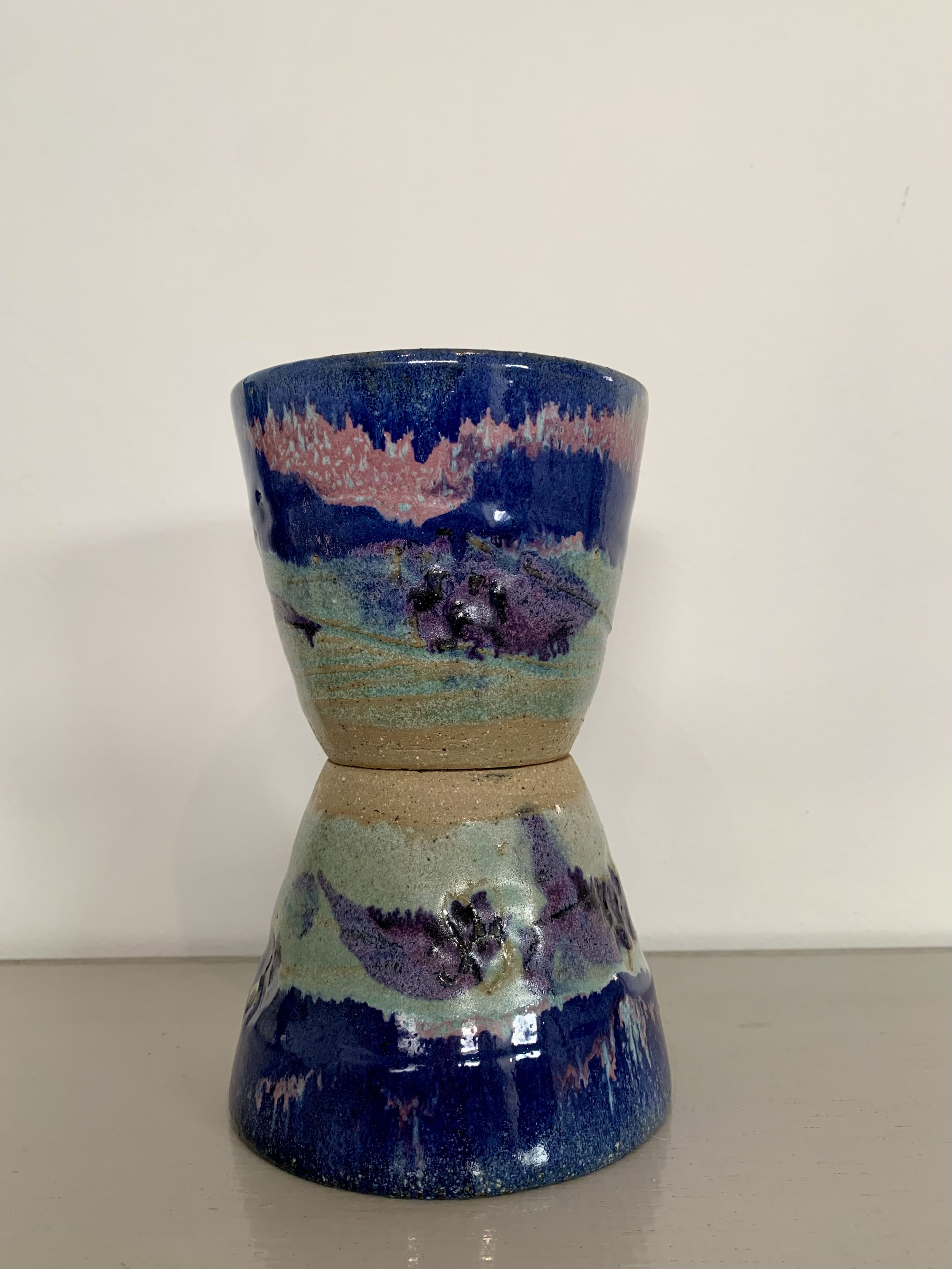 Pink and blue tumblers, glazed stoneware