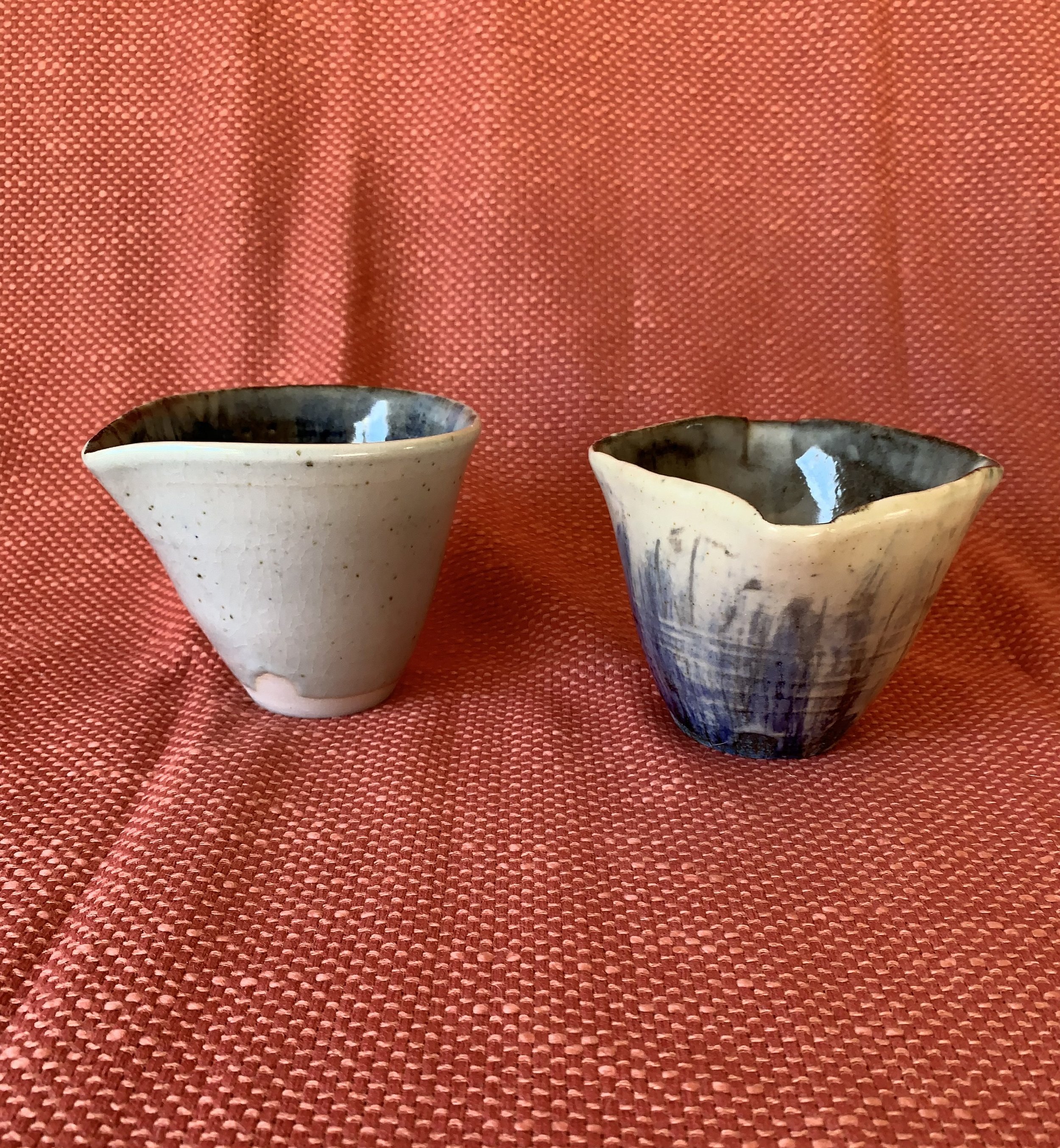 Pourer and squared cup, stoneware with slips, oxides, and glaze