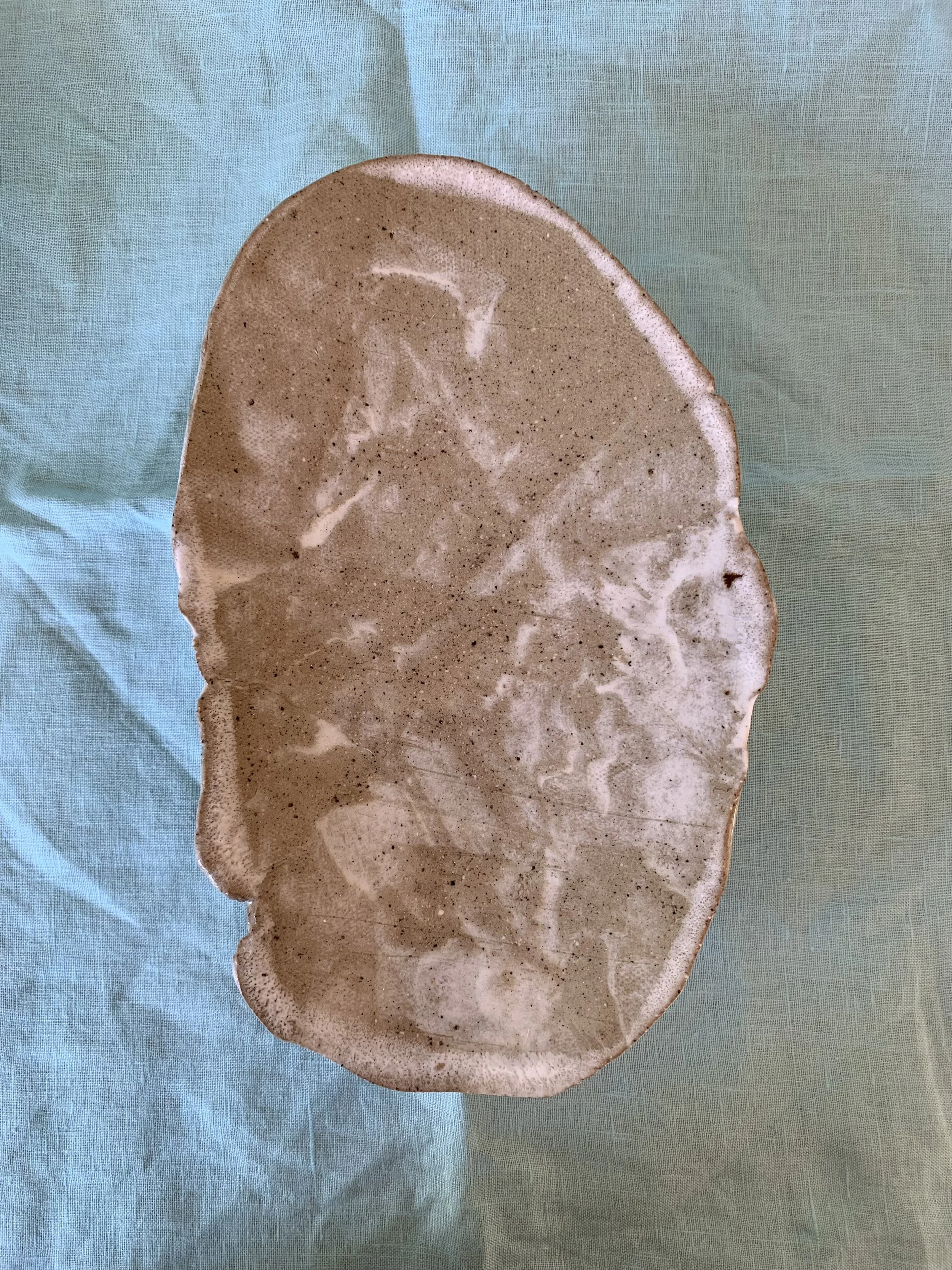 Medium stilted Nerikomi serving dish, clear glazed stoneware with slip