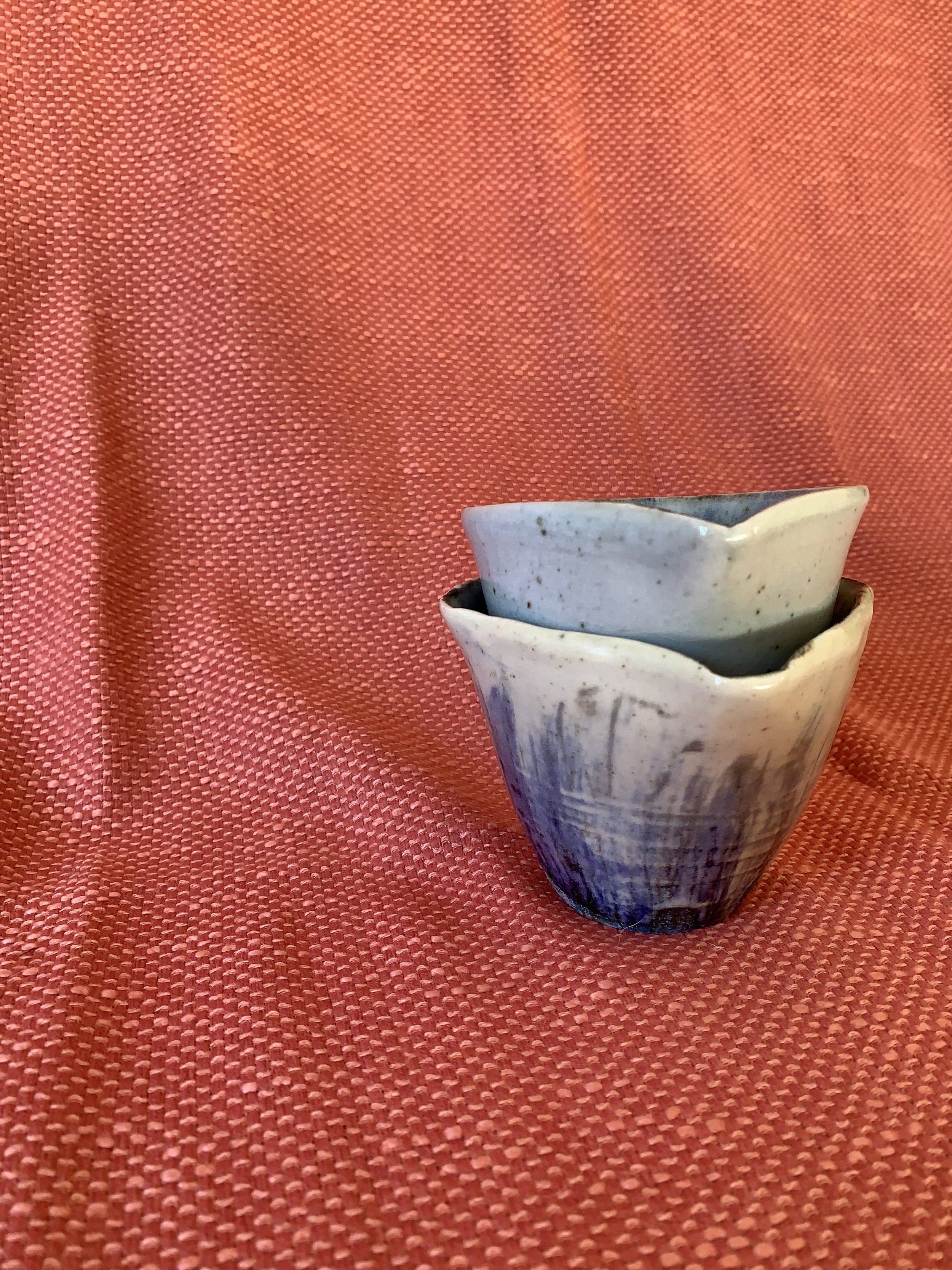 Pourer and squared cup, stoneware with slips, oxides, and glaze