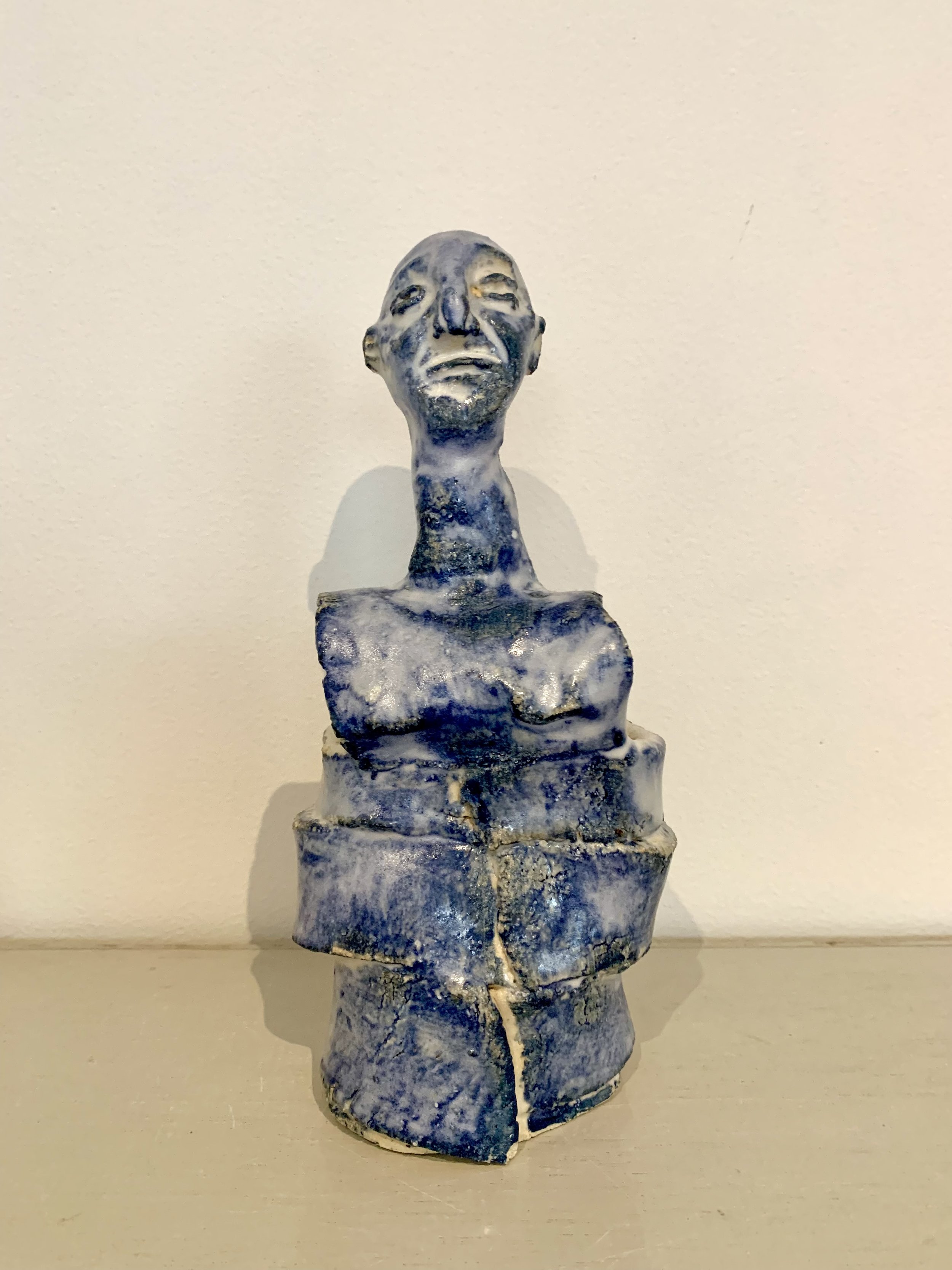Blue figure, 2025, Raku clay, coloured slip, glaze