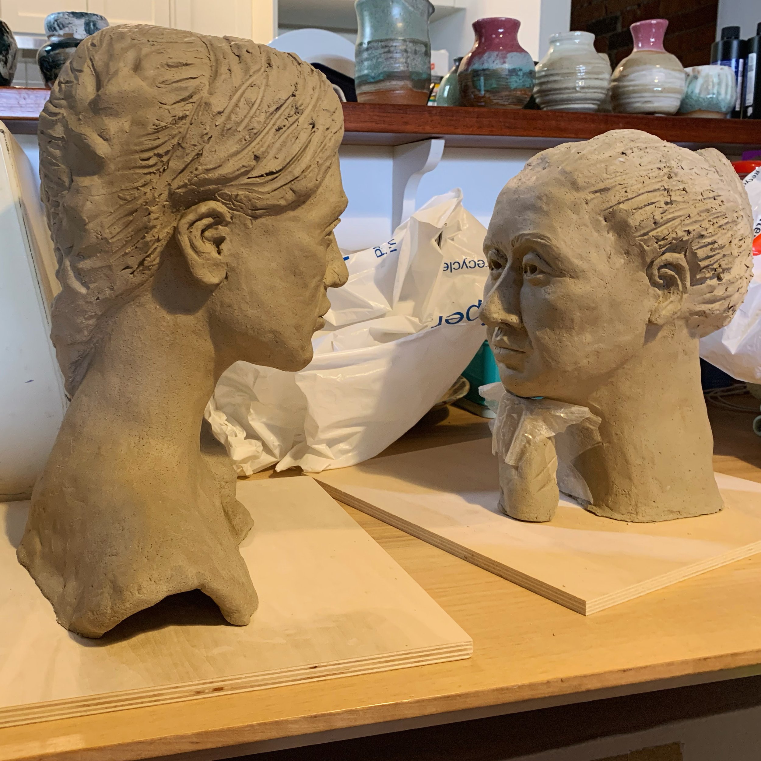 Busts in progress, 2024, Raku clay
