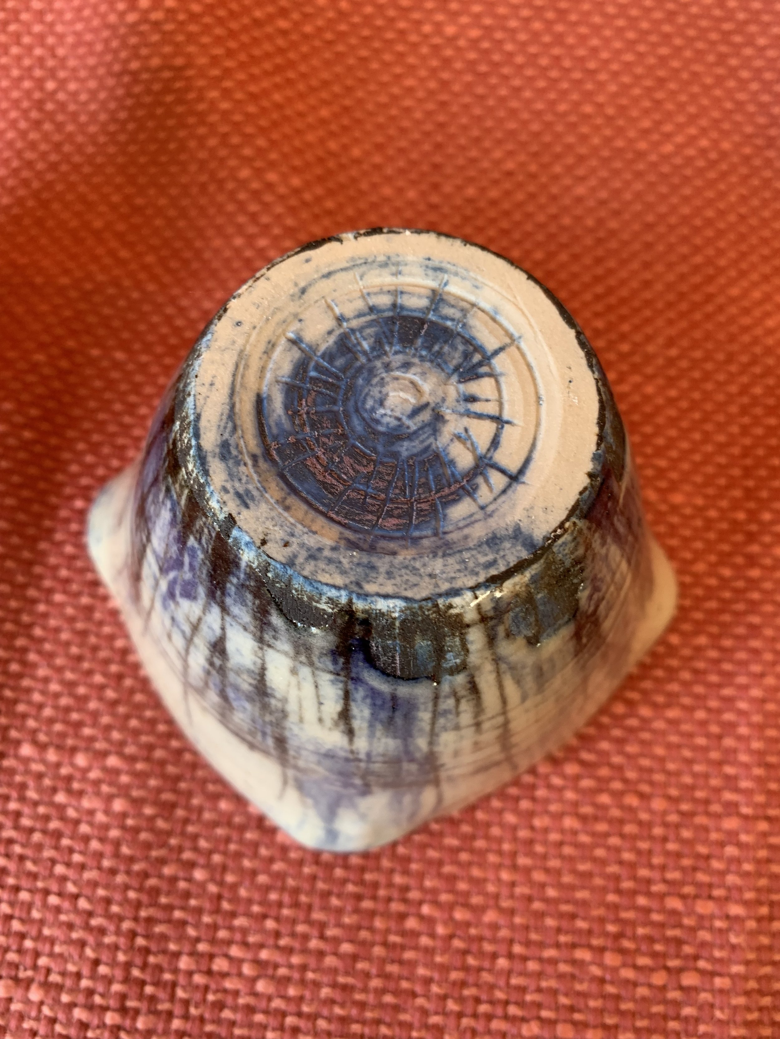 Pourer and squared cup, stoneware with slips, oxides, and glaze