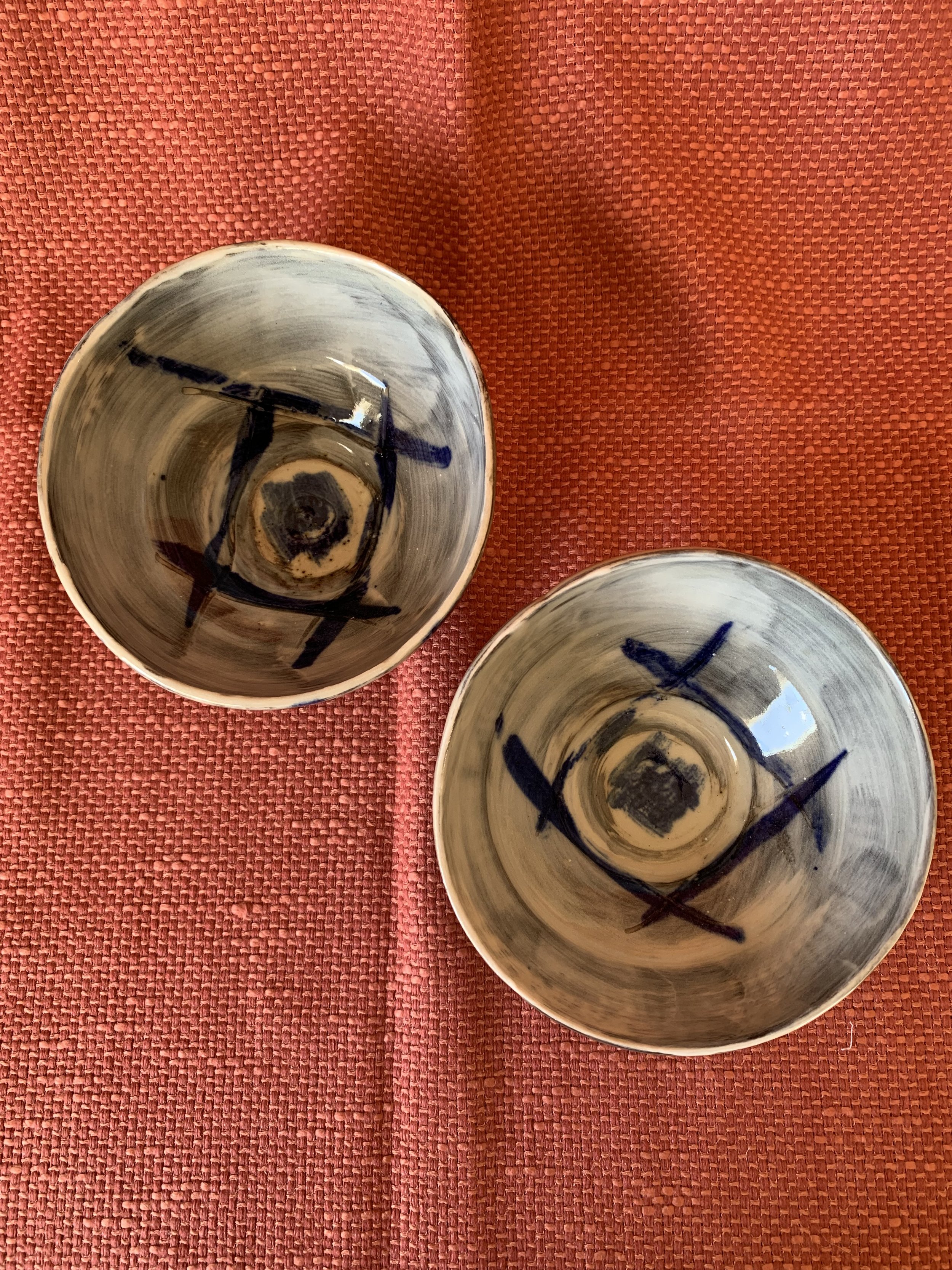 Two small bowls, stoneware with slips, oxides, and glaze