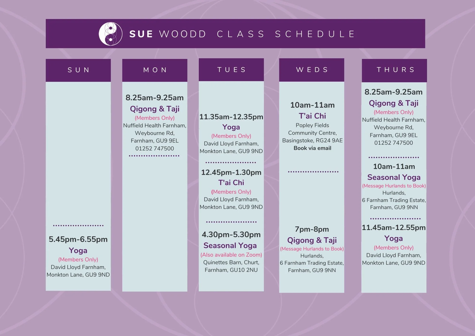Sue Woodd Yoga, Tai Chi, Taji, QiGong Class Schedule Surrey