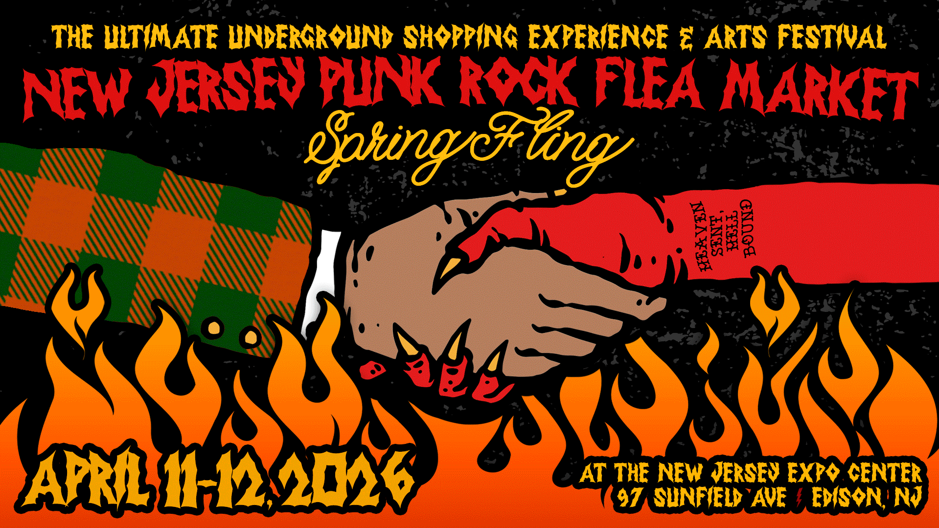 Event poster for the New Jersey Punk Rock Flea Market and Spring Fling, held from April 11 to April 16 at the New Jersey Expo Center, Edison, NJ. The poster features a stylized handshake between a hand with a flannel sleeve and a red arm with tattoos, surrounded by flames.
