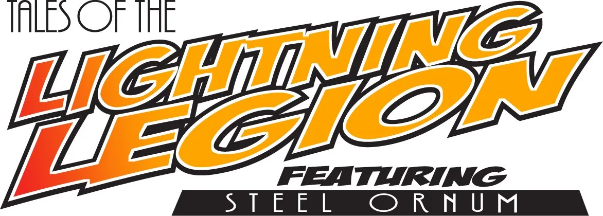 Logo for 'Tales of the Lightning Legion' featuring 'Steel Ornum', with bold, stylized text in black, orange, and red.