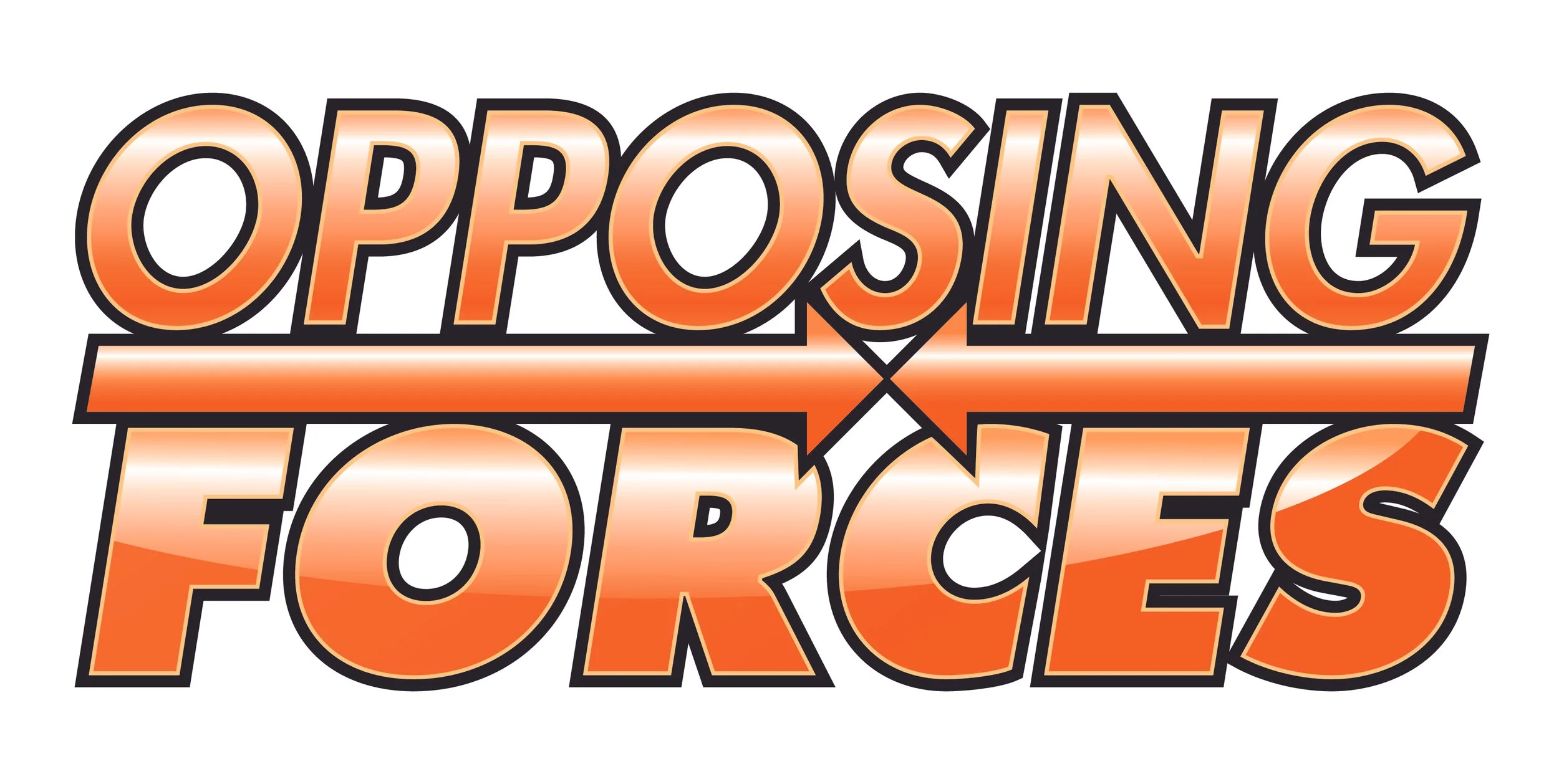 The logo for 'Opposing Forces,' featuring the text in orange gradient with black outlines, separated by an arrow pointing between the words.
