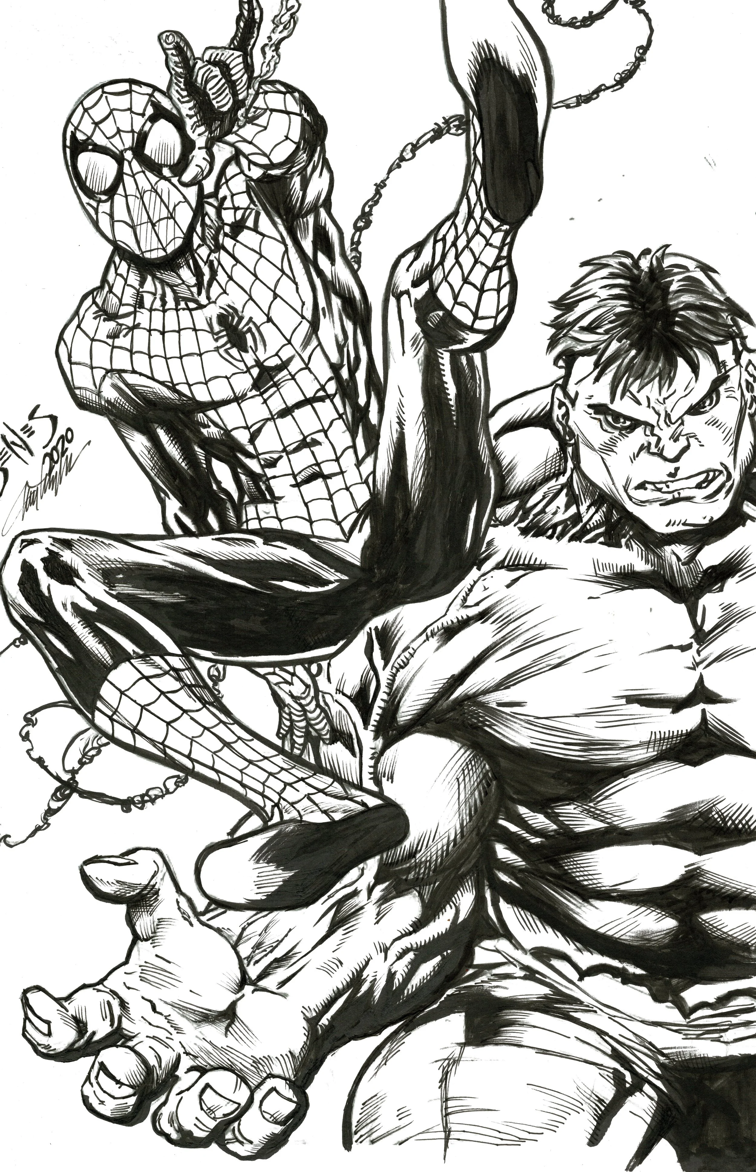 Benes Spiderman and Hulk (inks).jpg