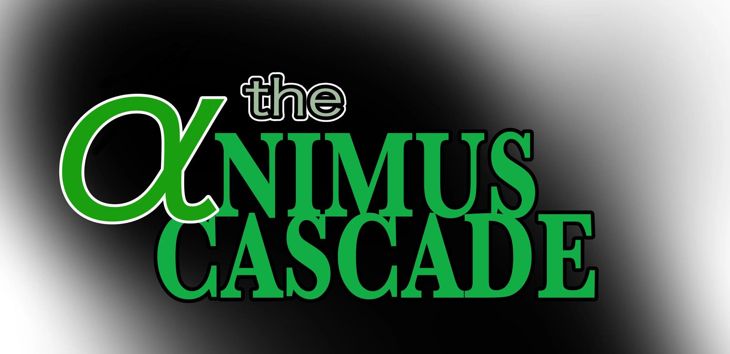 Text image with the phrase 'the OMUS CASCADE' in green and black letters on a gradient black to white background.