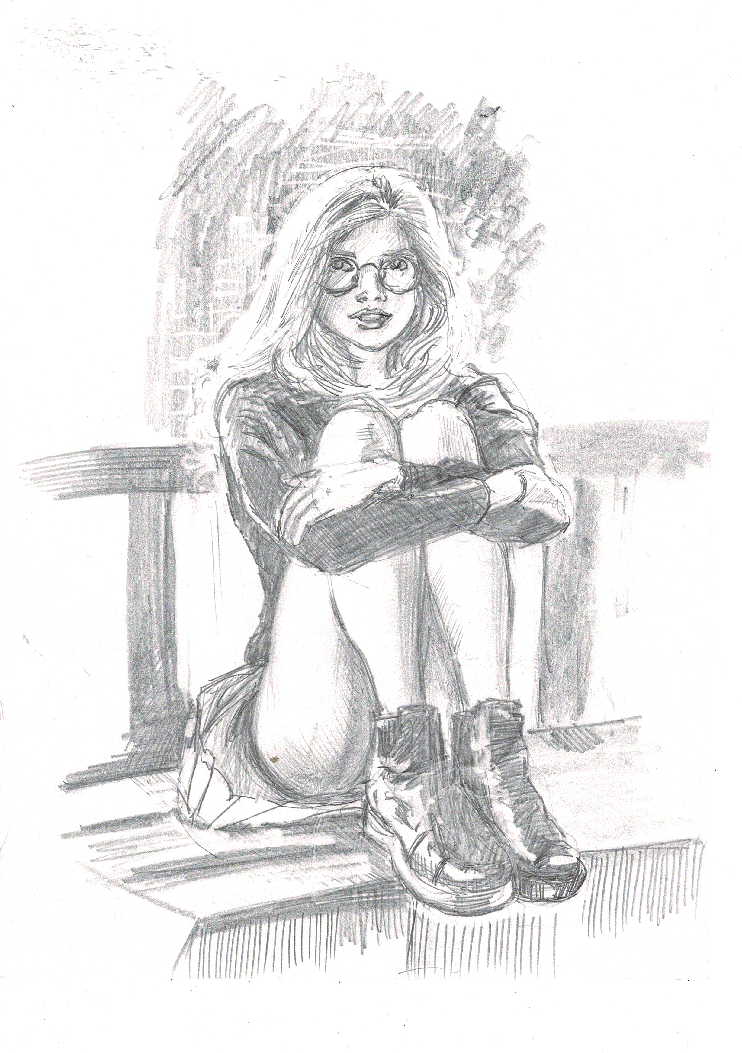 Sketch of a young woman with glasses, sitting on the floor with knees bent and arms resting on her knees, wearing a jacket, shorts, and boots, with a background resembling a wall and a surface to her left.