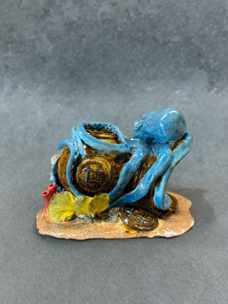 Octopus on Dive Helmet Ceramic Sculpture