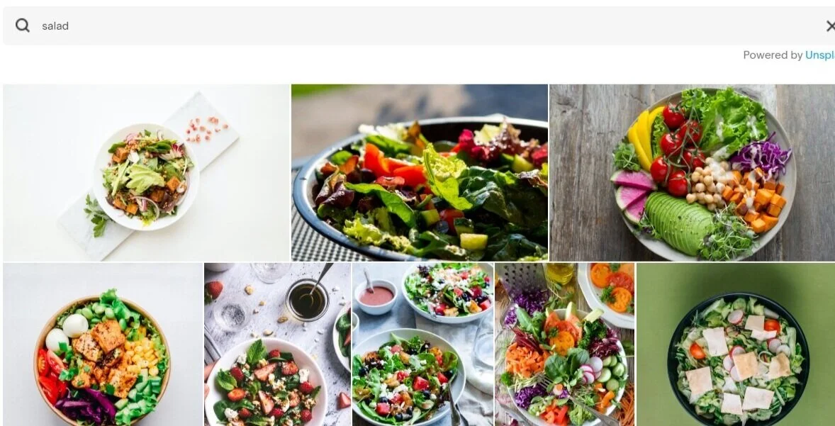 A quick search of the term ‘salad’ brings up beautiful free stock images - right in your Squarespace blog or page!