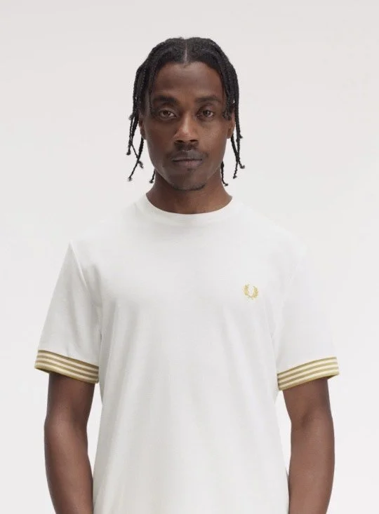 SIZE MEDIUM ONLY - FRED PERRY Striped Cuff Pique Tee- ECRU