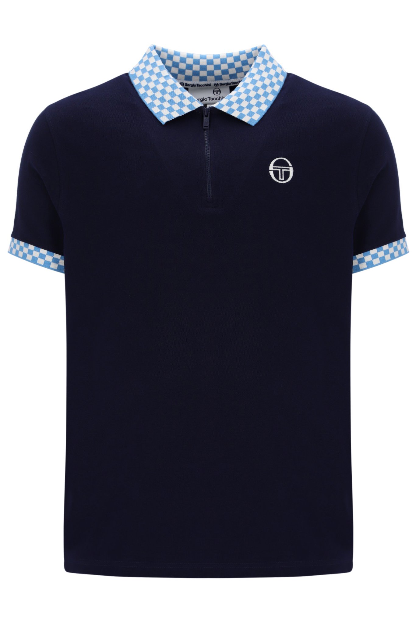SIZE MEDIUM ONLY- SERGIO TACCHINI "Ciro" Check-Collar Zip Polo- NAVY