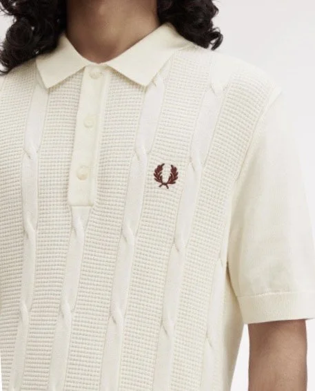 SIZE 2XL ONLY- FRED PERRY Premium Cable Knit Polo- ECRU
