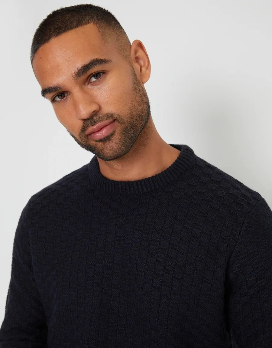 ARCADE "Balham" Textured Crew Neck Jumper- NAVY