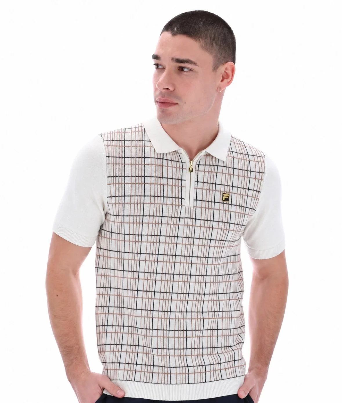 FILA GOLD Premium Check Panel Zip Polo- WHITE