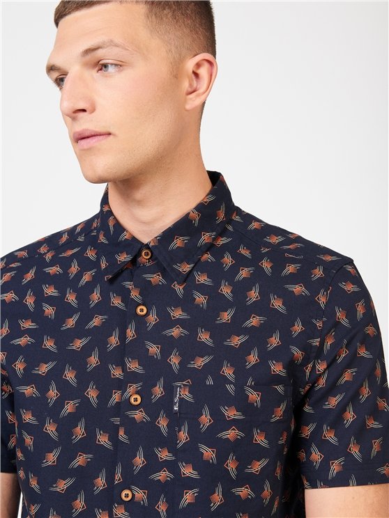 SIZE 3XL ONLY-BEN SHERMAN "Premium" S/S Geometric Shirt- DARK NAVY