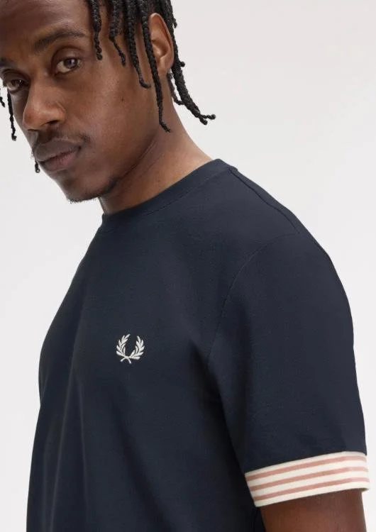 SIZE MEDIUM ONLY- FRED PERRY Striped Cuff Pique Tee-NAVY