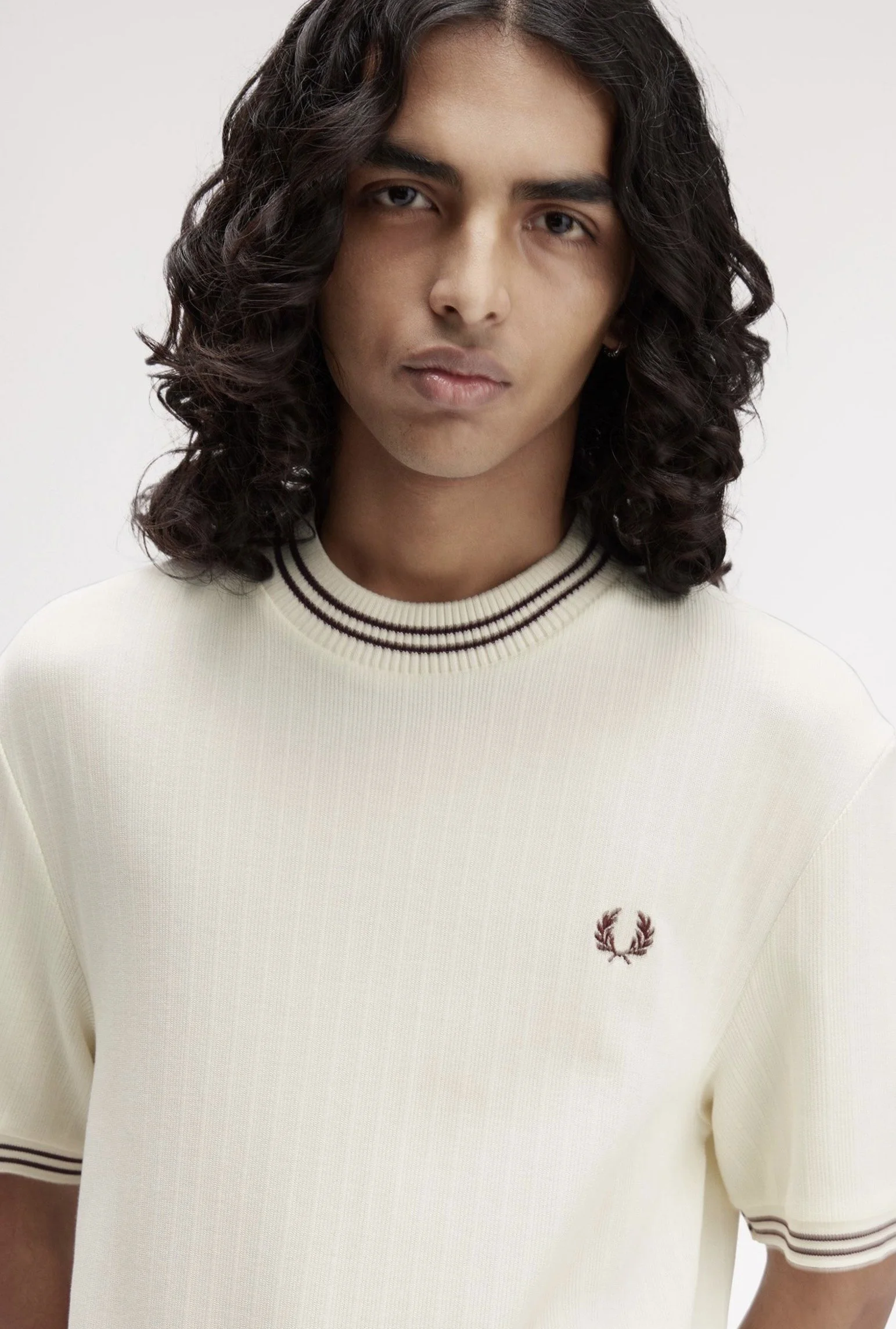 SIZE S & XXL ONLY- FRED PERRY Premium Tipped Ribbed Top- ECRU/OXBLOOD