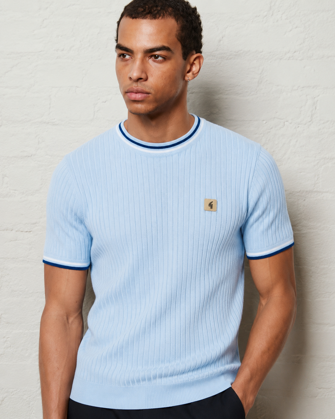 SIZE M ONLY- GABICCI VINTAGE Perforated Crew Neck Knit- SKY