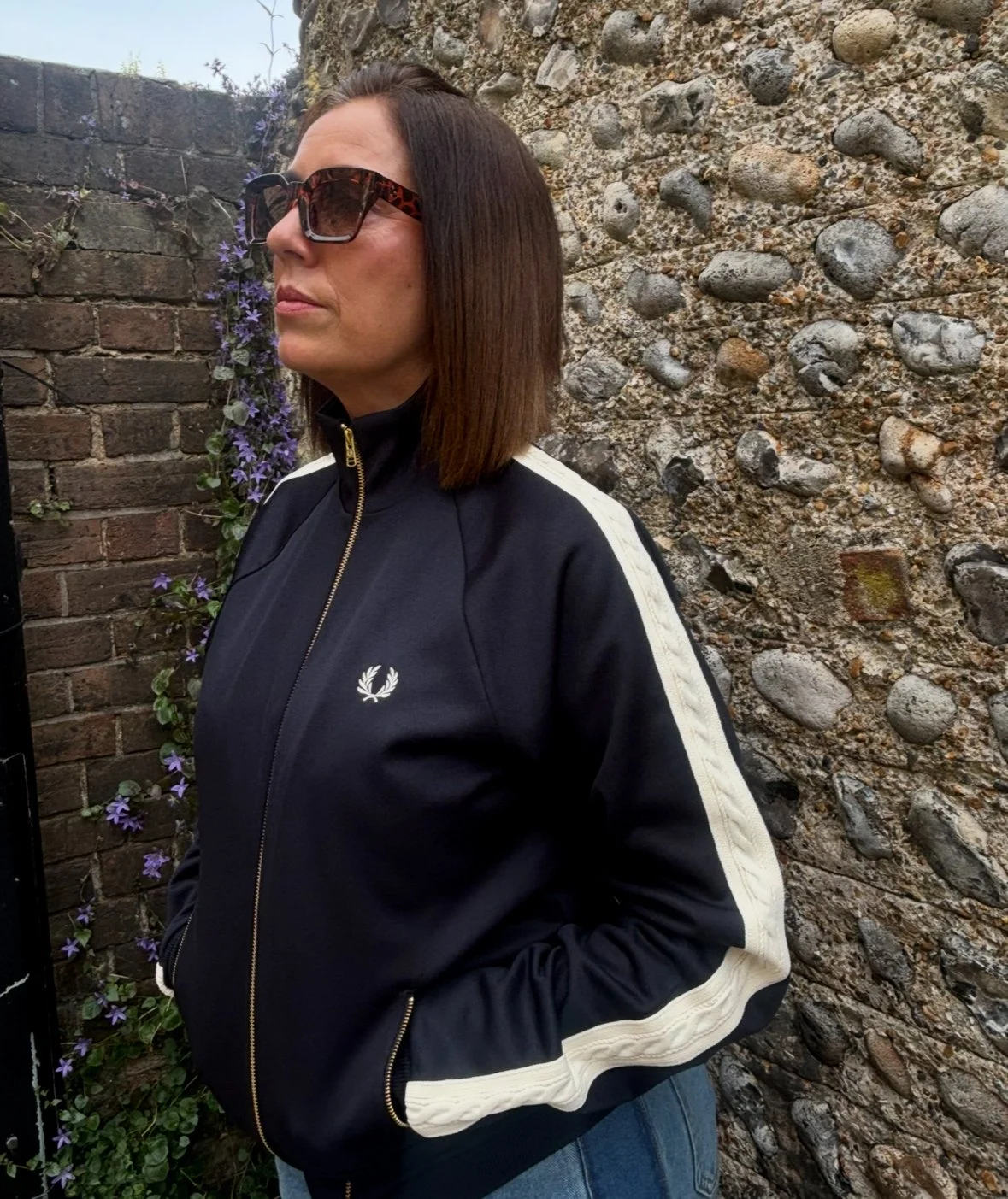 SIZE 10 ONLY- FRED PERRY Premium Cable-Detail Tracktop- NAVY